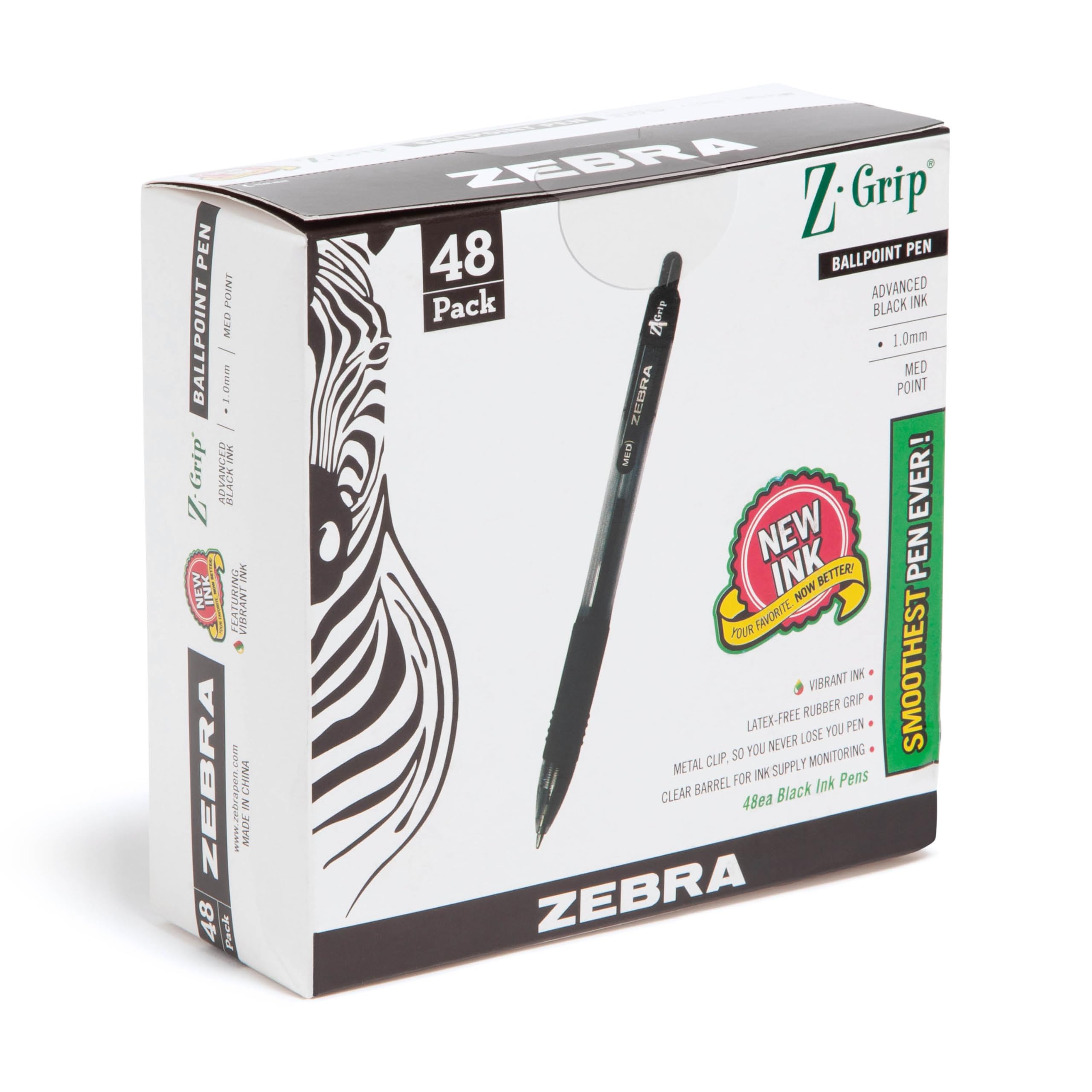 Zebra Pen Z-Grip Retractable Ballpoint Pen, Medium Point, 1.0Mm, Black Ink, 48-Pack