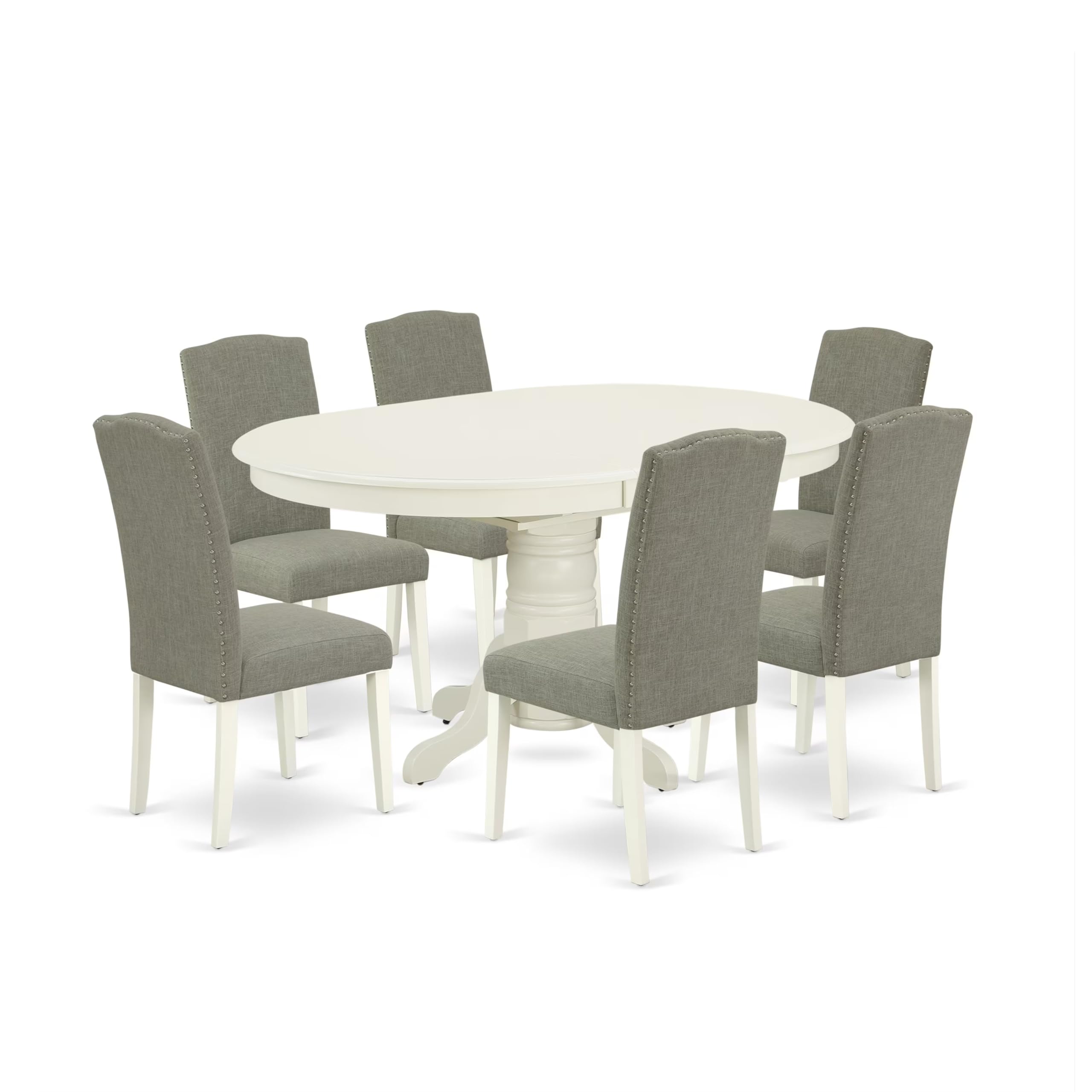 East West Furniture Aven7-Lwh-06 7 Piece Kitchen Table Set Consist Of An Oval Dining Table With Butterfly Leaf And 6 Dark Shitake Linen Fabric Parson Chairs, 42X60 Inch, Linen White