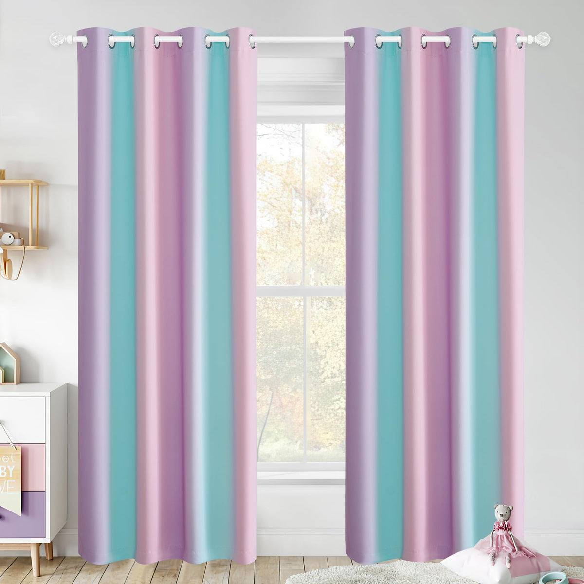 Nicetown Ombre Rainbow Blackout Curtains For Kid Girls Bedroom Living Room Darking Stripe Grommet Gradient Grommet Window Curtai