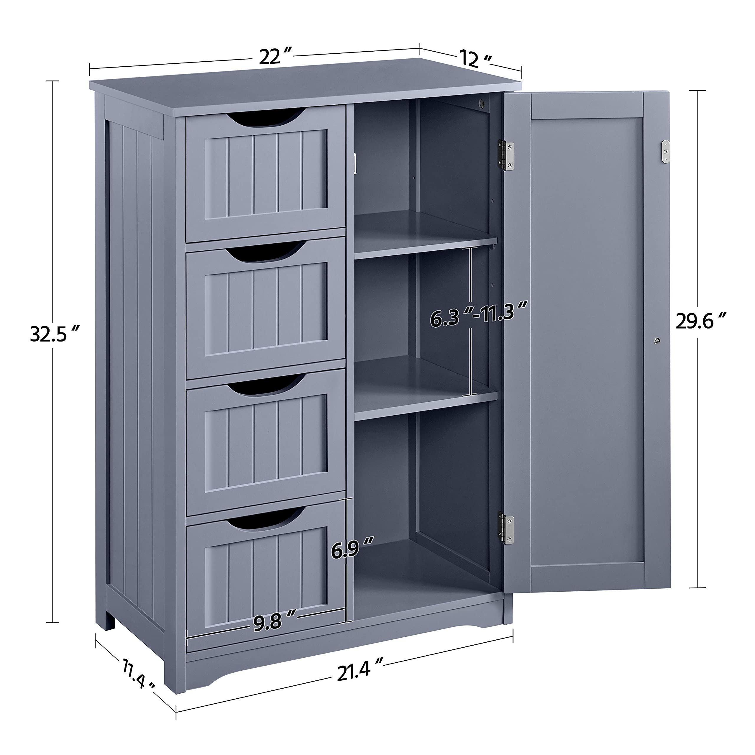 Yaheetech Bathroom Floor Cabinet, Freestanding Storage Organizer Unit Kitchen Cupboard W/ 4 Drawers & Adjustable Shelves, Using For Living Room/Kitchen/Bathroom, Gray