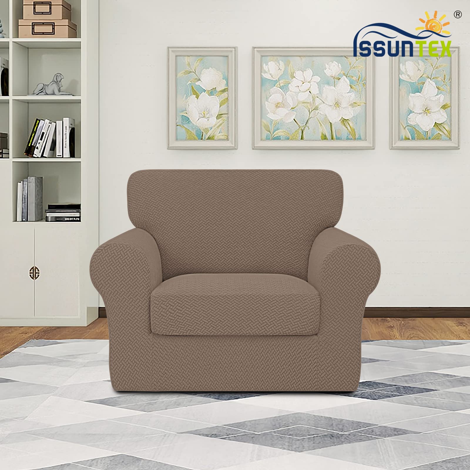 Issuntex 2 Pieces High Stretch Thicken Chair Couch Covers, Soft Sofa Slipcover For 1 Separate Cushion Couch, Jacquard Fabric Ela