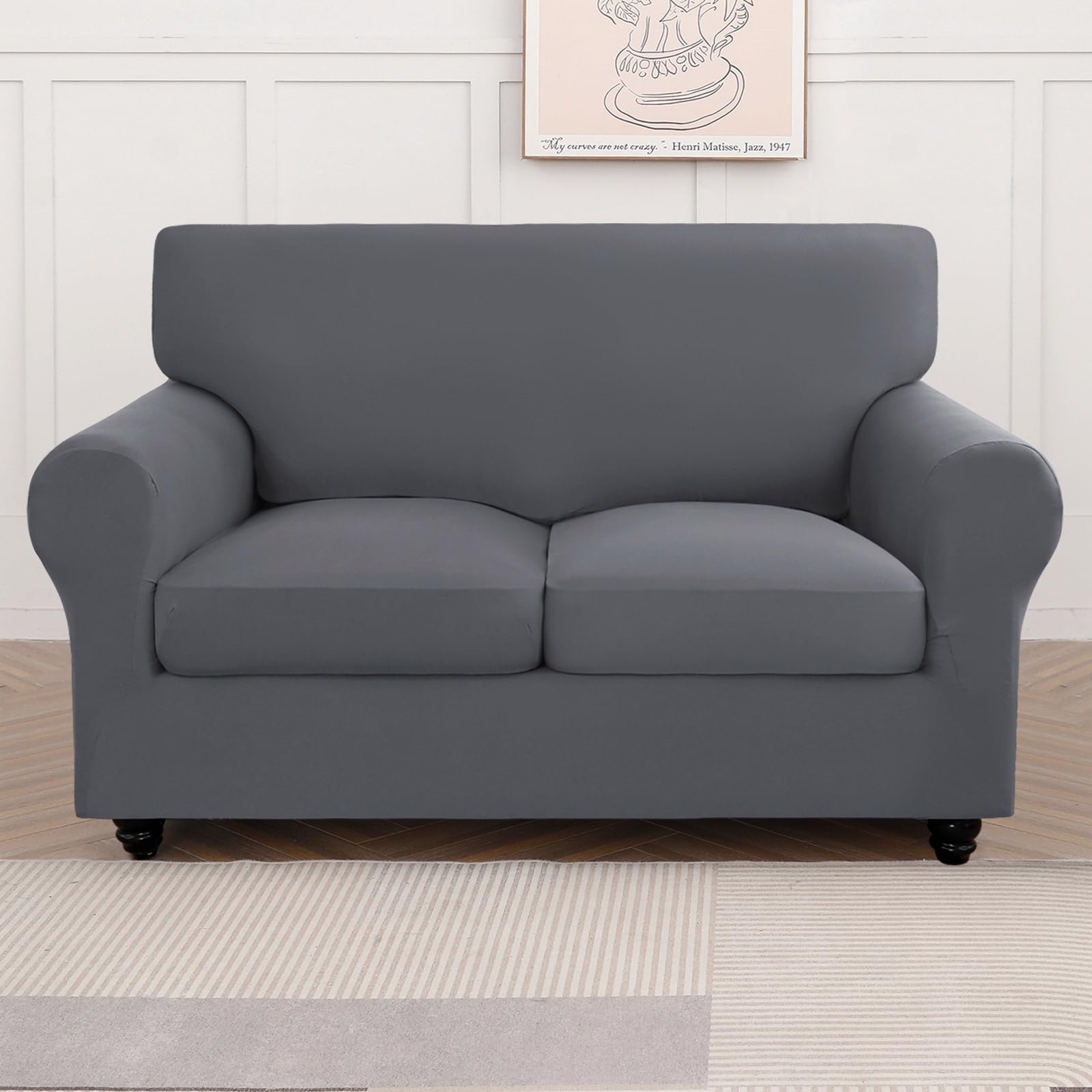 Searchi Stretch Sofa Cover Couch Cover, 3 Pieces Loveseat Slipcover With 2 Separate Cushion Cover, Washable Furniture Protector For Living Room(Loveseat, Grey)