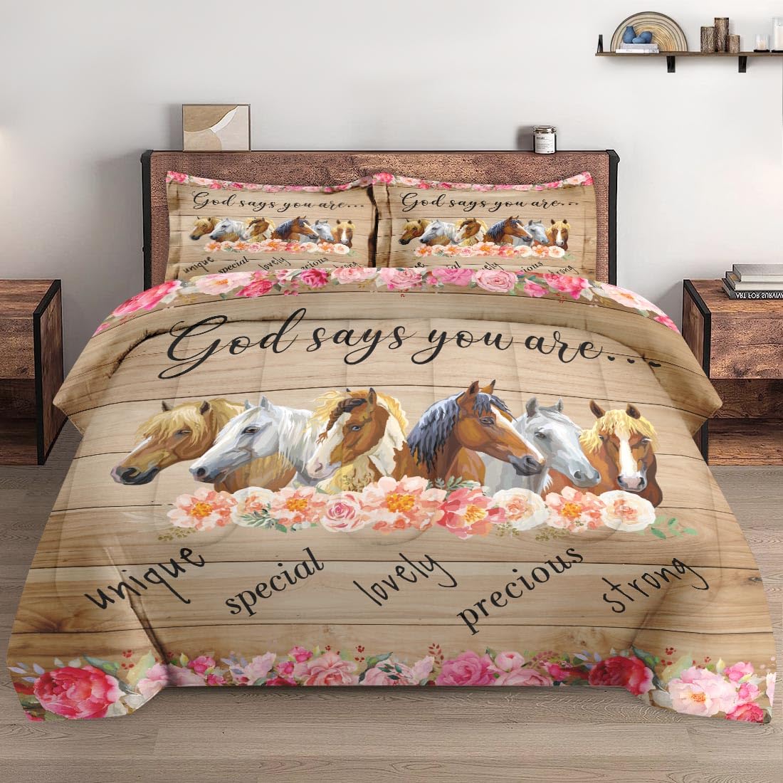 Wecozy Comforter Set Full Size With 2 Pillowcases, Colorful Horses Animal Pink Flower 3 Pcs Bedding Set For Kids And Adults, Ins