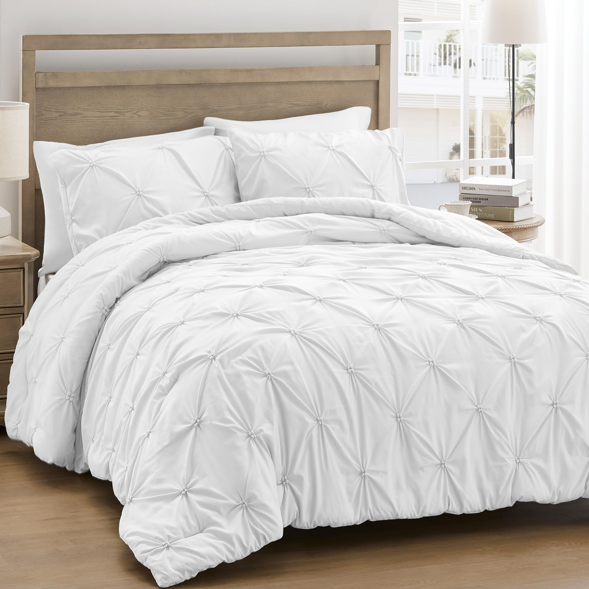 Unikome Queen Comforter Set White - Soft Fluffy Pintuck Down Alternative Bedding Set For All Seasons, 3 Pieces Pinch Pleat Solid