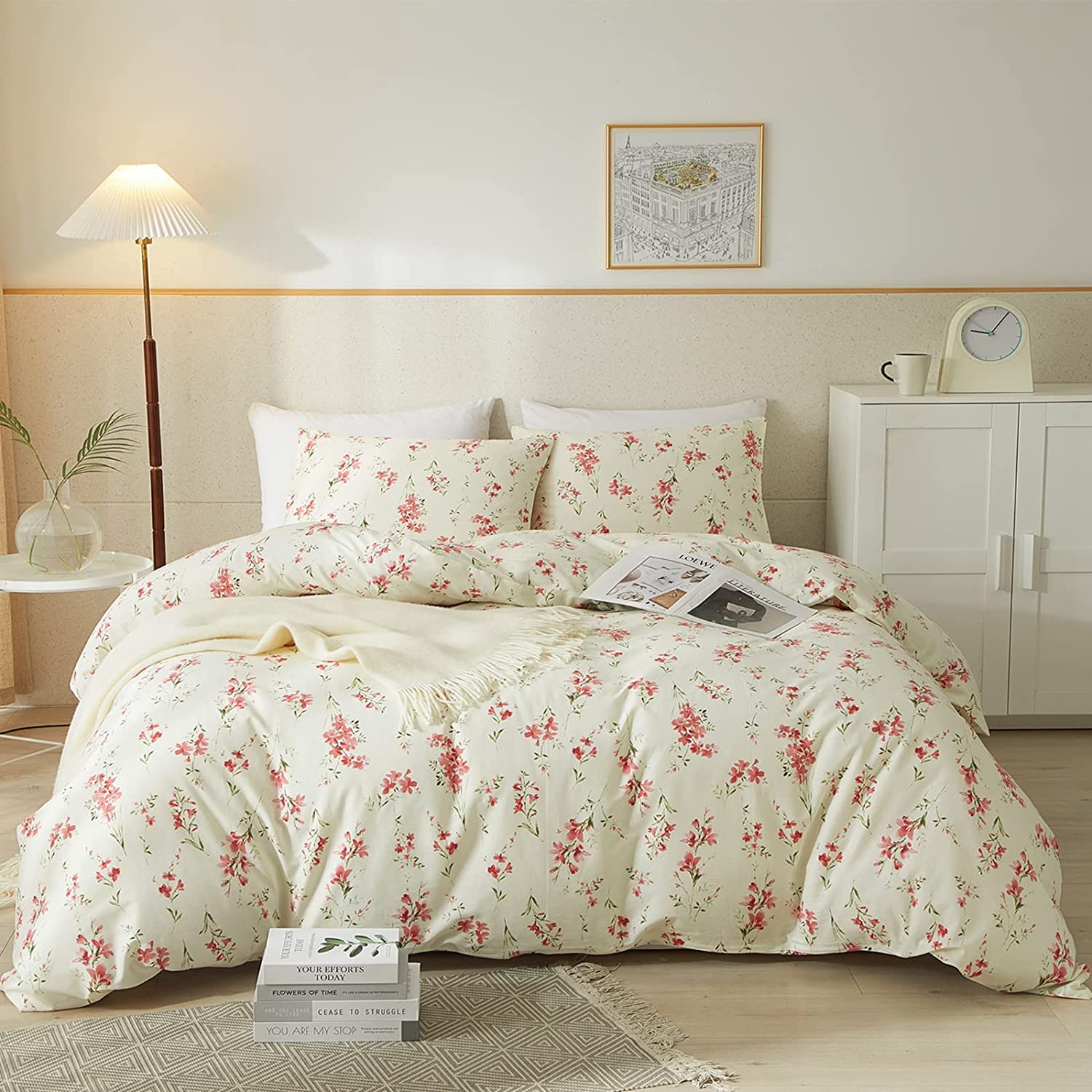 Boho Floral Duvet Cover Queen Soft Cotton Pink Floral Bedding Set Chic Garden Style Cute Flower Pattern Duvet Cover Vintage Flor