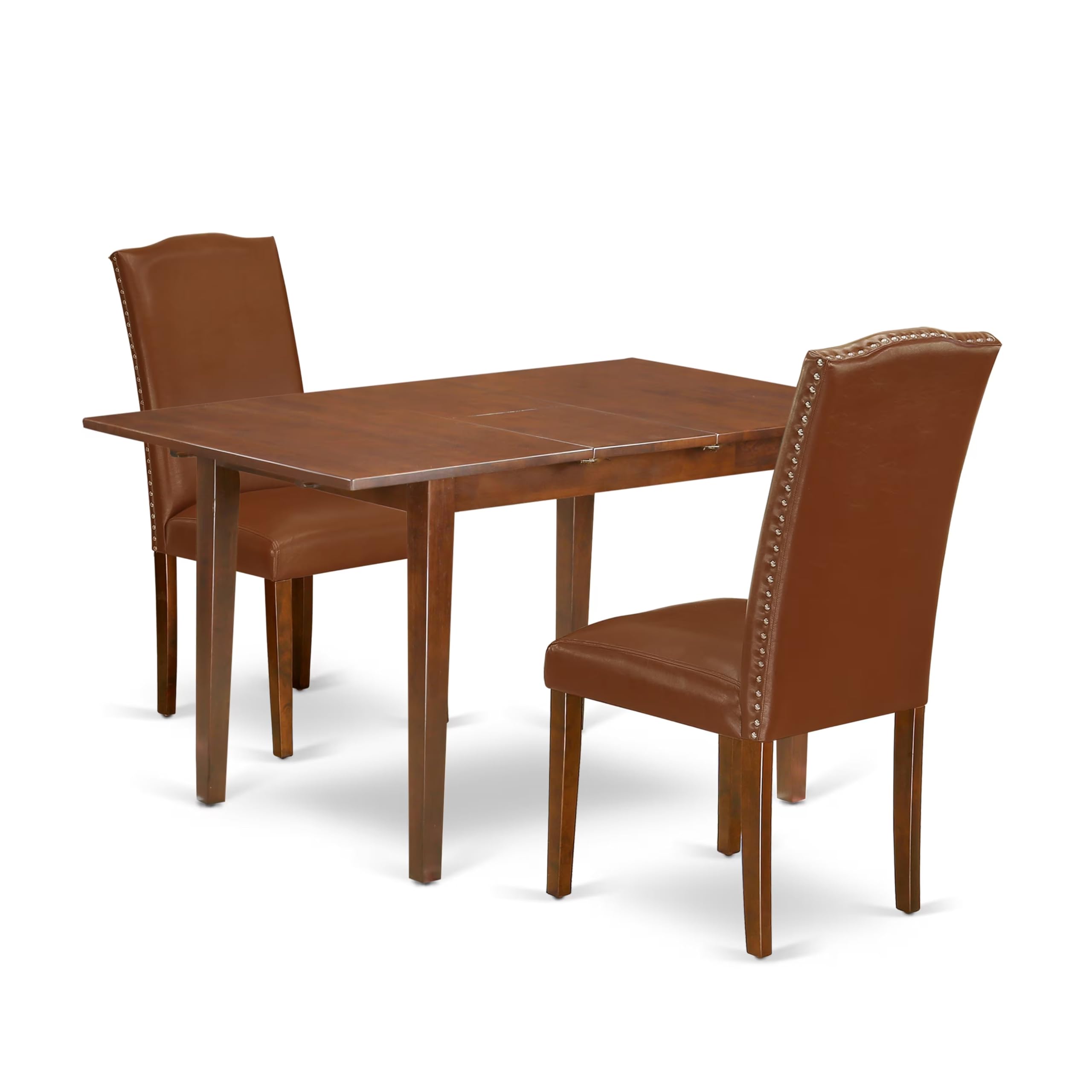 East West Furniture Psen3-Mah-66 3 Piece Small Dinette Set Contains A Rectangle Butterfly Leaf Dining Table And 2 Brown Faux Faux Leather Upholstered Chairs, 32X60 Inch, Mahogany