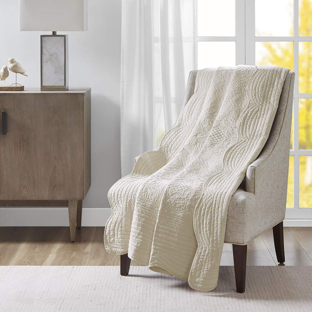 Madison Park Madison Park Luxe Quilted Throw Blanket - Damask Stitching Design, Cotton Filled Spread, Ultra Soft, Cozy Bedding For Living Room Couch, Sofa, Bed, 60X72', Scalloped Borders Cream