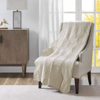 Madison Park Madison Park Luxe Quilted Throw Blanket - Damask Stitching Design, Cotton Filled Spread, Ultra Soft, Cozy Bedding For Living Room Couch, Sofa, Bed, 60X72', Scalloped Borders Cream