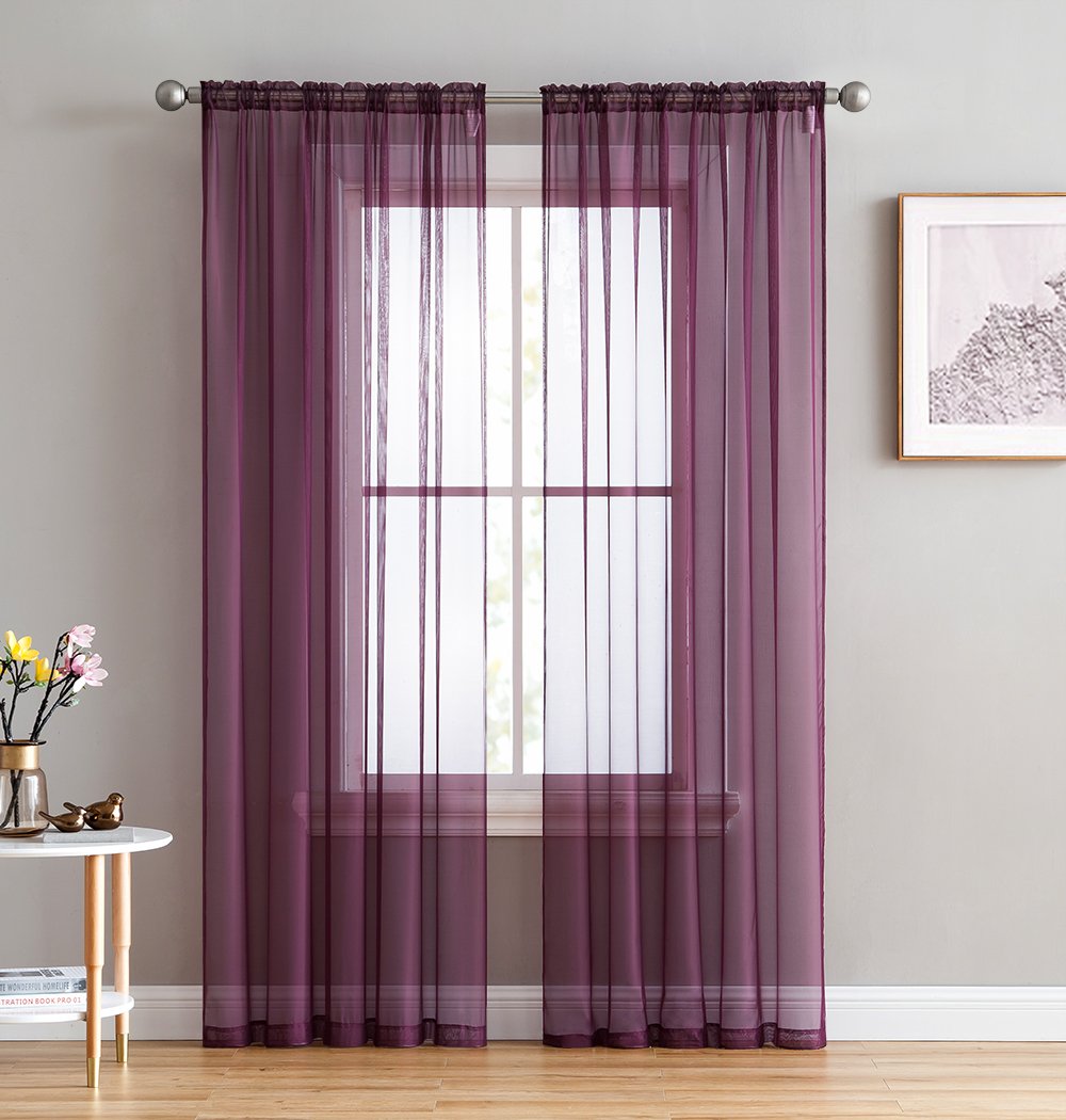 Hlc.Me Plum Sheer Voile Window Treatment Rod Pocket Curtain Panels For Bedroom And Living Room (54 X 84 Inches Long, Set Of 2)