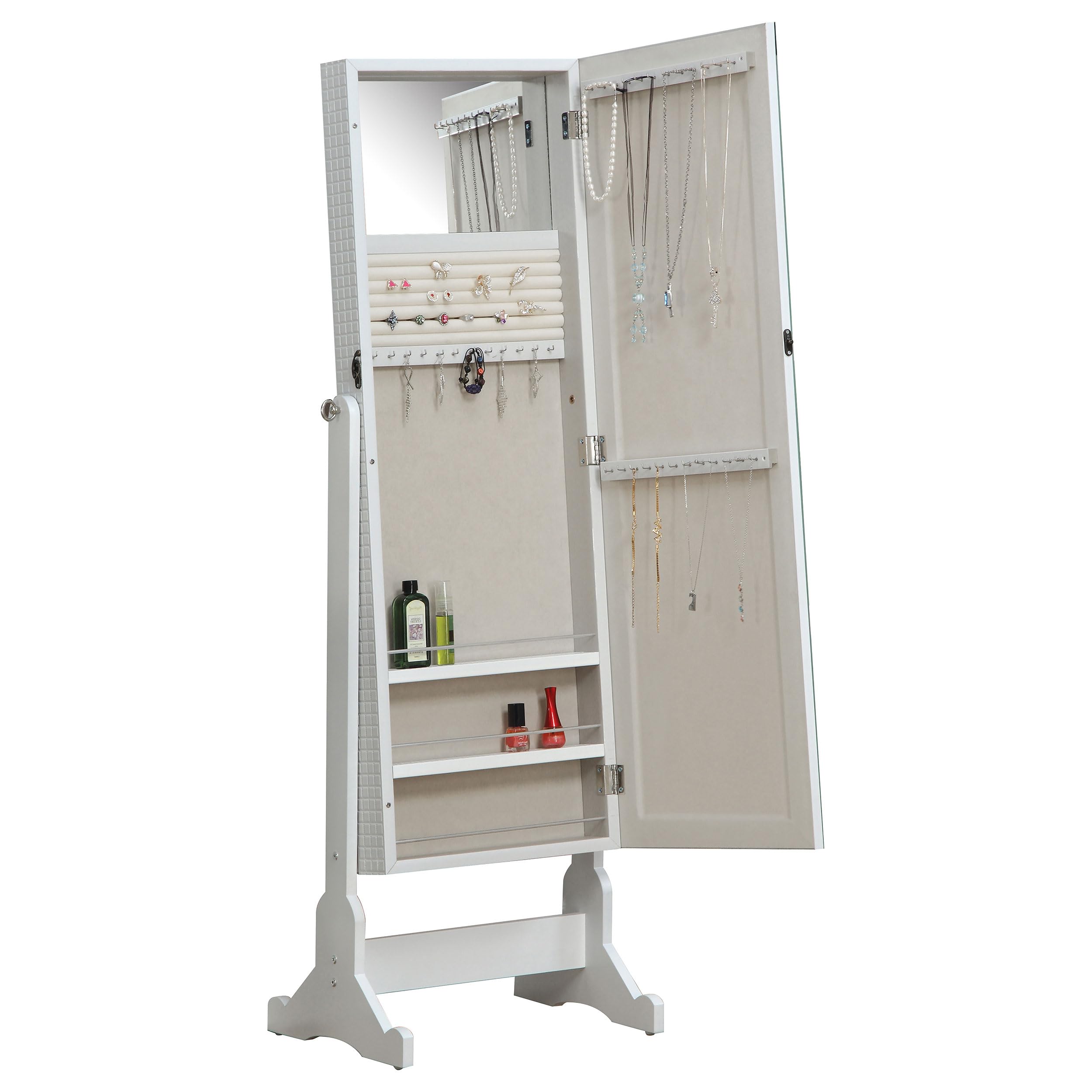 Coaster Home Furnishings Zayas Contemporary Rectangular Cheval Mirror with Jewelry Storage Adjustable Bedroom Mirror Jewelry Armoire White 901827