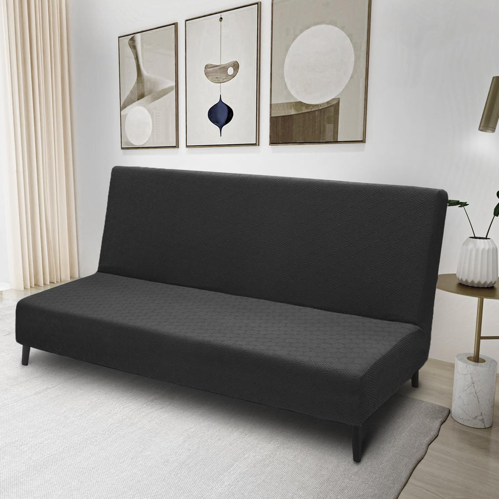 Znsayotx Armless Futon Covers Full Size (67'-82') Stretch Jacquard Sofa Bed Slipcovers, Striped Queen Futon Cover With Non-Slip Elastic Bottom, Soft Cozy Futon Mattress Cover Washable (Black)