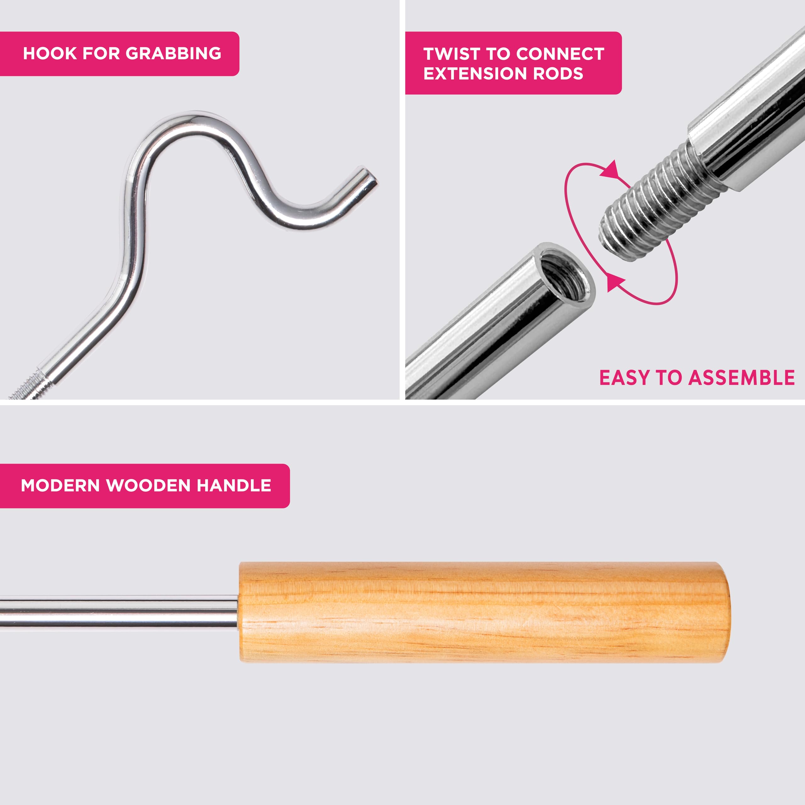 Closet Reacher Pole With Hook And Wooden Handle, Heavy Duty - Adjustable 2.75-5 Feet, Chrome Plated Steel Clothing Hanger Shephe