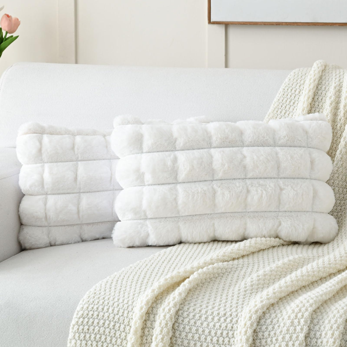Futei Cream White Decorative Throw Pillow Covers 12X20 Inch Set Of 2, Square Soft Faux Rabbit Fur Big Plaid Cushion Cover,Home D