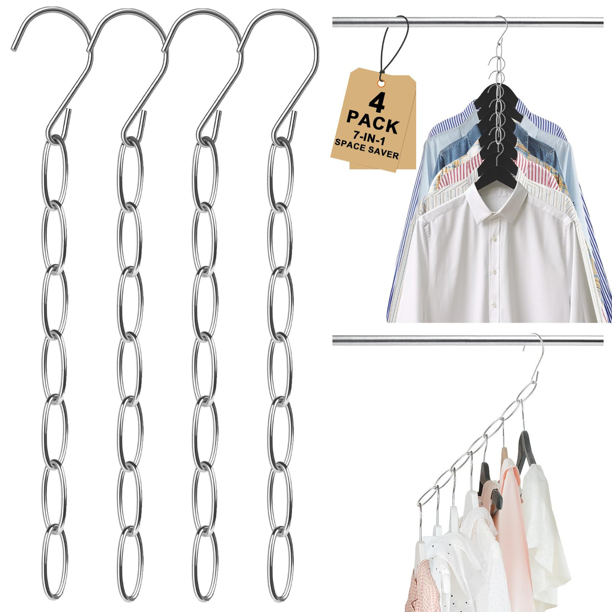 Space Saving Hangers, 4 Pack Metal 7Loop Clothing Chain Hanger Organizer