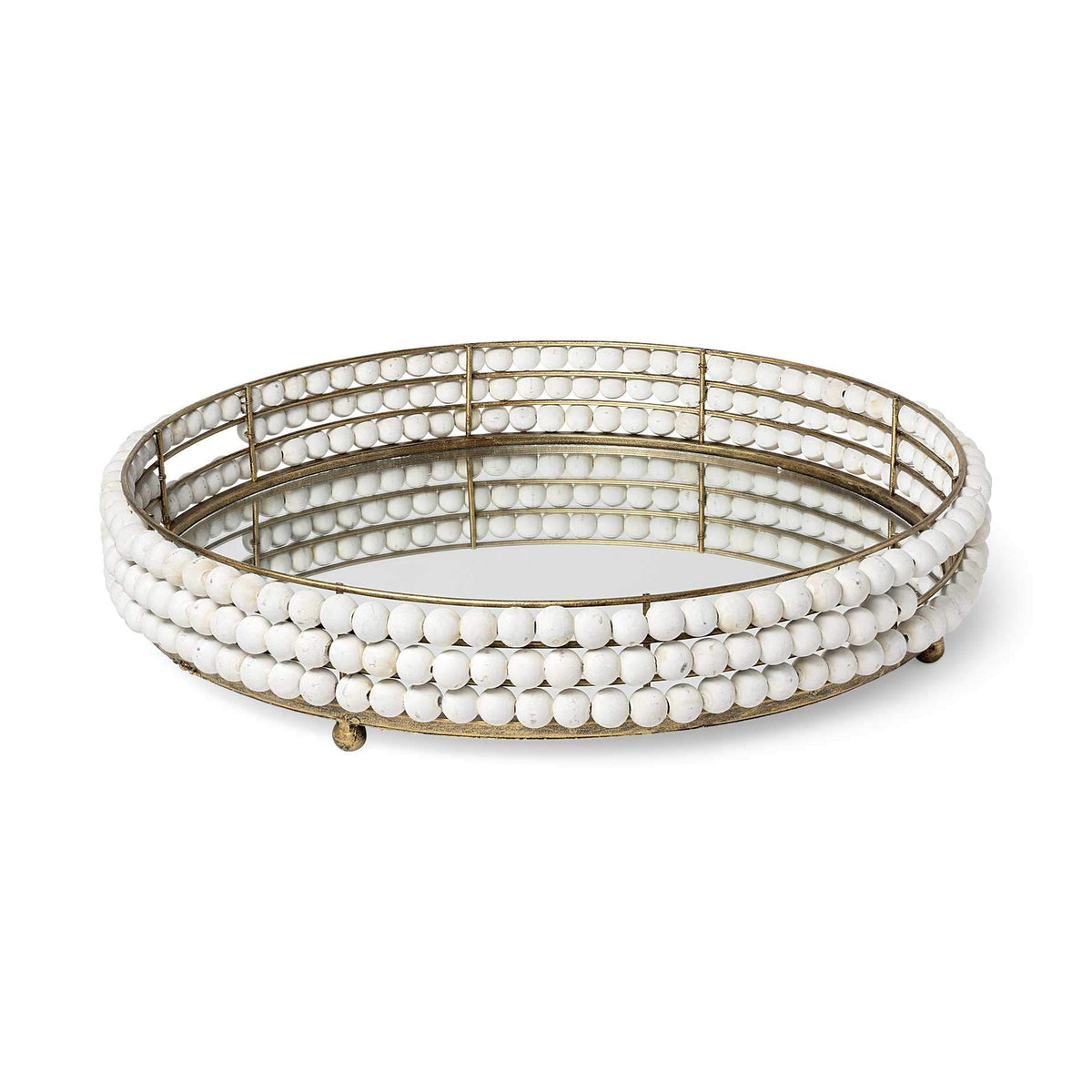 HomeRoots White 21' Gold Metal with Wooden Bead Frame and Mirrored Glass Bottom Round Tray