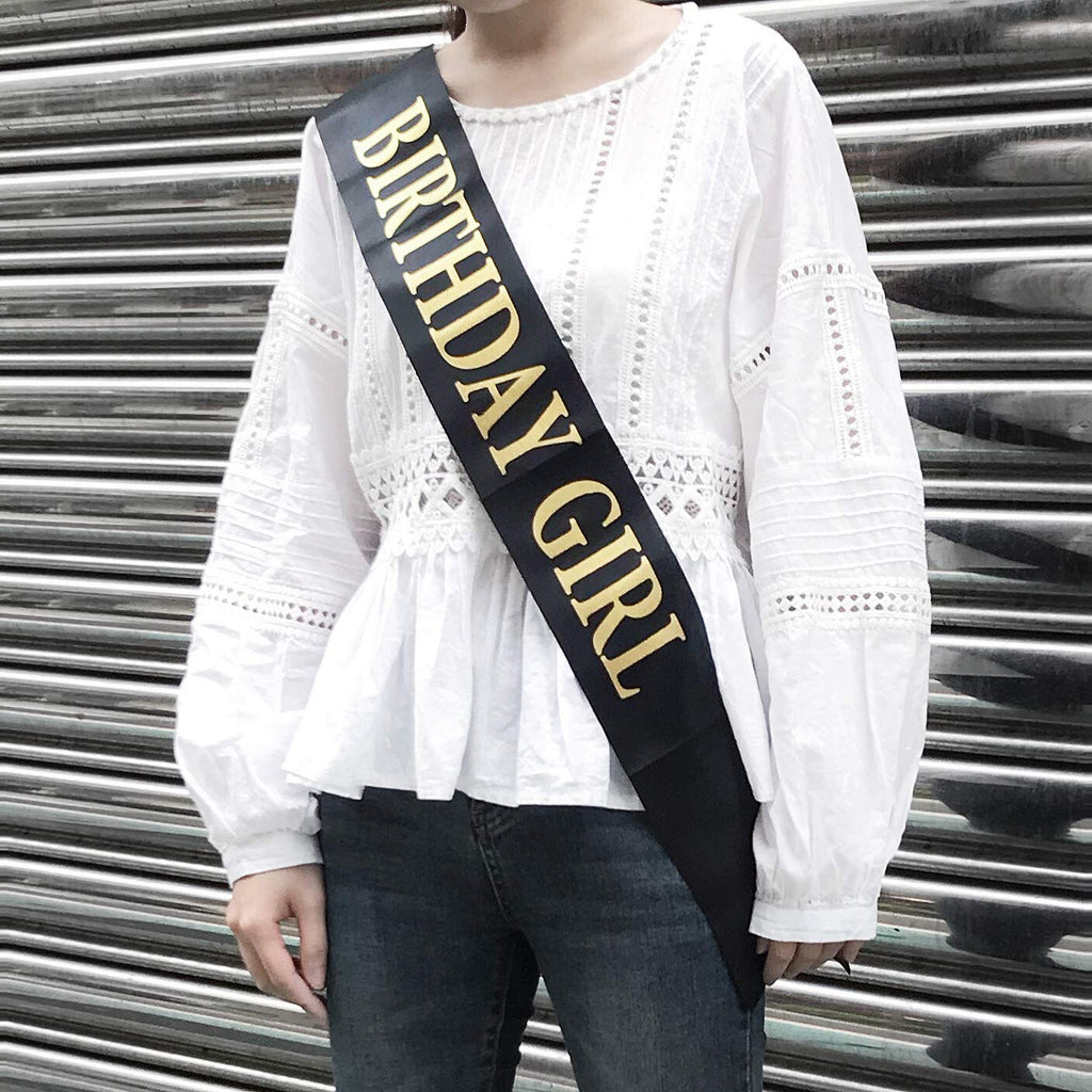 Dadam Birthday Sash For Girls Black Satin Birthday Girl Sash With Gold Glitter Lettering Party Favors, Supplies And Decorations