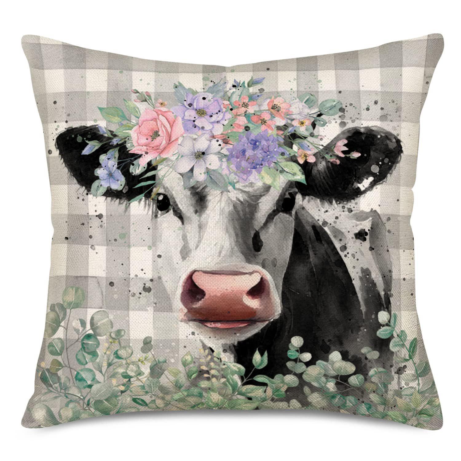 Tlovudori Vintage Farmhouse Buffalo Plaid Check Cow Throw Pillow Covers Dairy Cattle With Flowers Wreath Pillowcase Cotton Linen