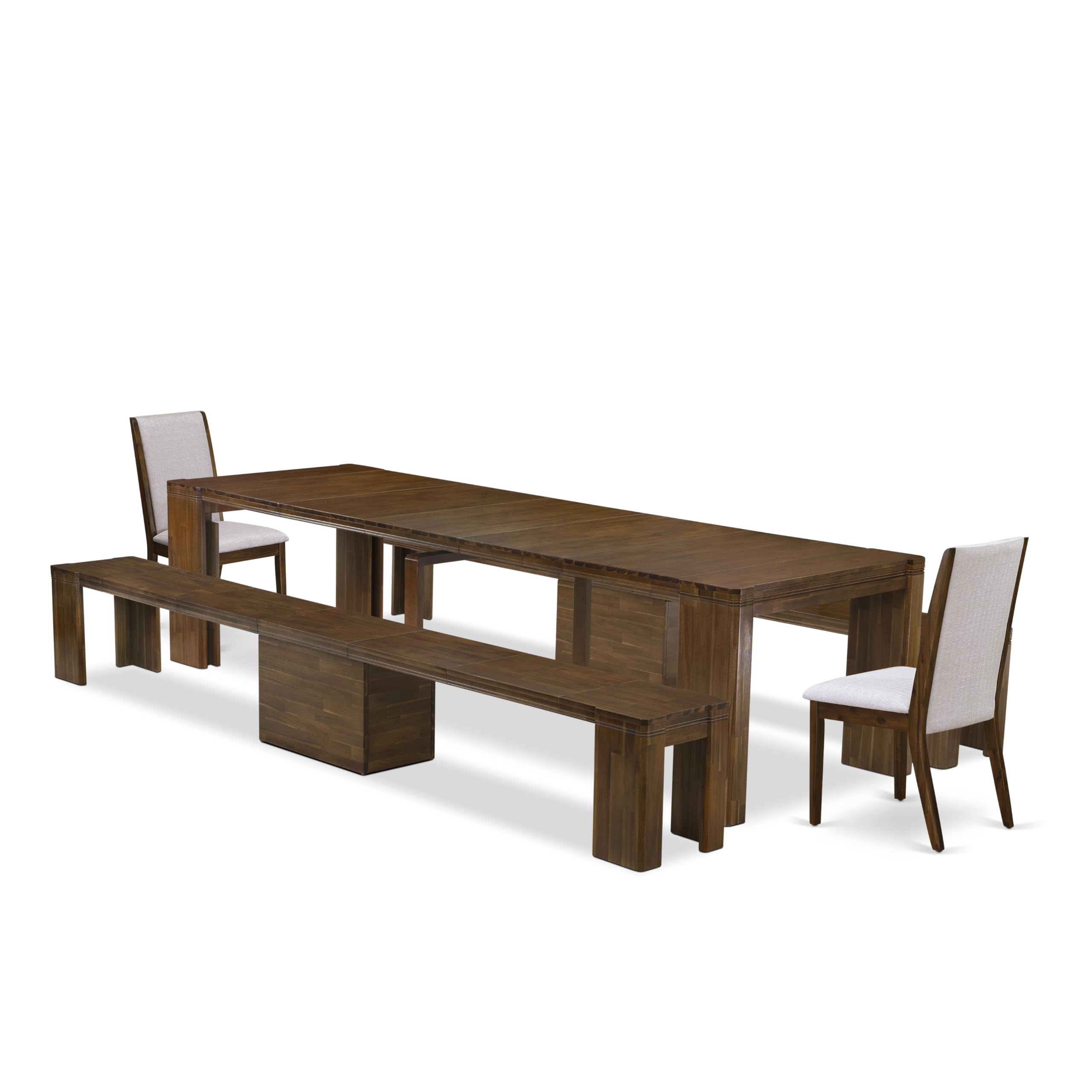 Luxe by East West Furniture - X02LA-208-05 - 5 Pieces Modern Dining Table Set includes an Extendable Rectangle Kitchen Table, 2 Dining Chairs and 2 Modern Benches, 39x120 Inch, Antique Walnut
