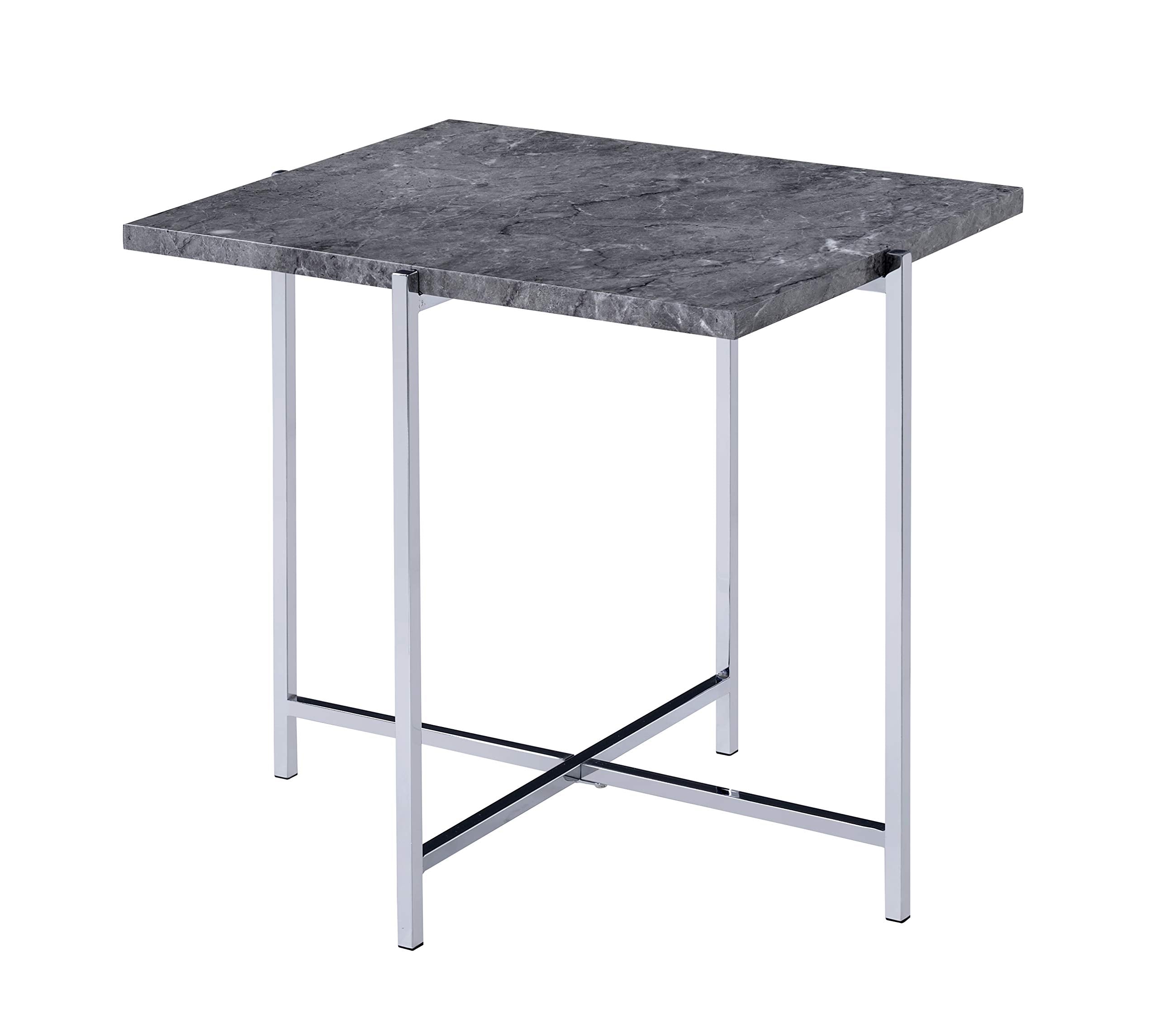 Benjara Contemporary Marble Top End Table With Trestle Base, Gray And Silver