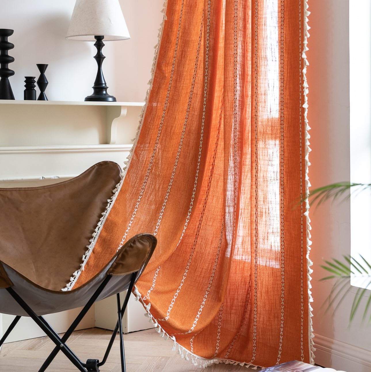 Sutuo Home Orange Boho Curtains For Bedroom Living Room, Semi Blackout Linen Farmhouse Tassels Window Treatment Bohemian Embroid