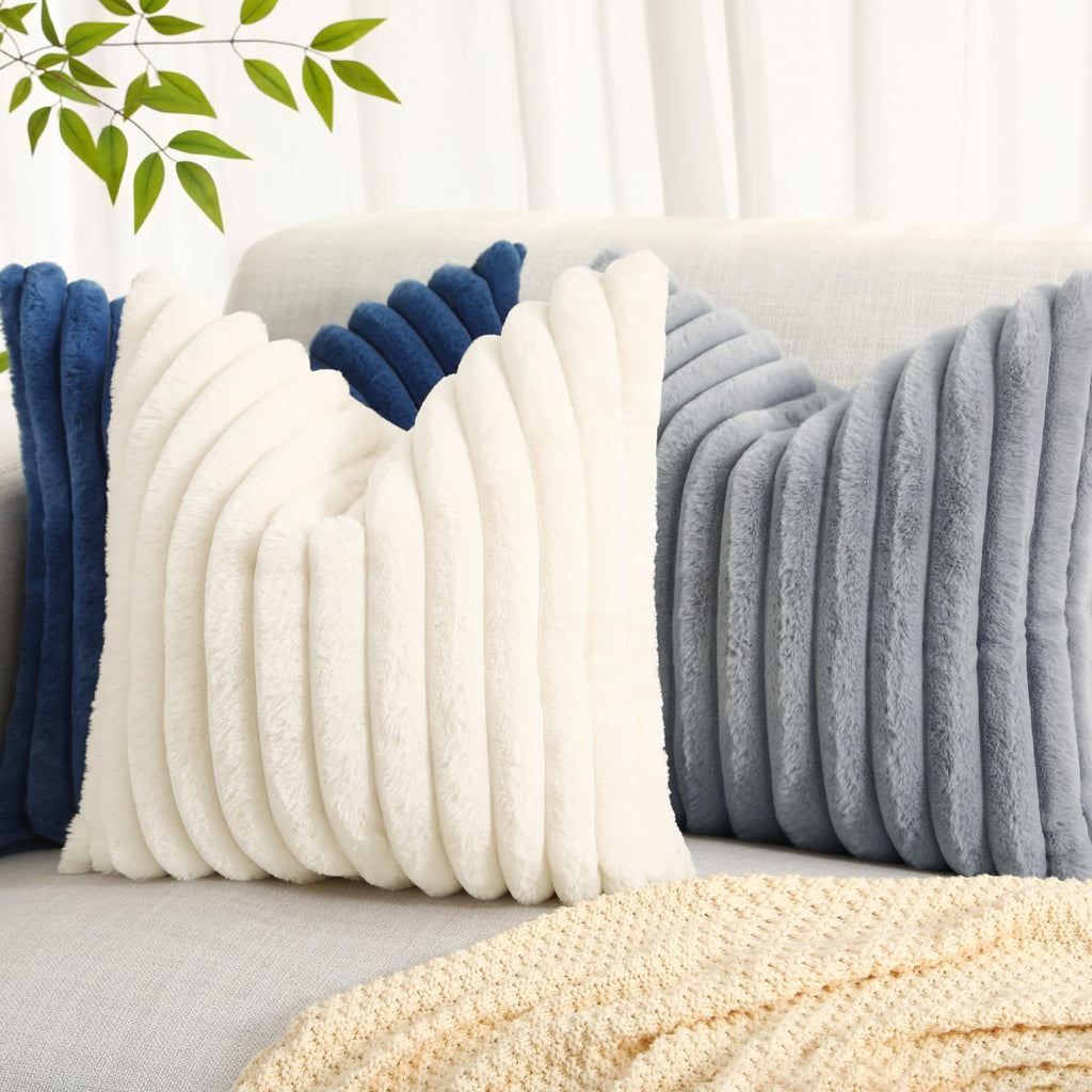 Decoruhome Faux Fur Throw Pillow Covers 20X20 Set Of 2, Decorative Soft Plush Striped Couch Pillow Covers With Velvet Back For Sofa, Bed, Living Room, Grey