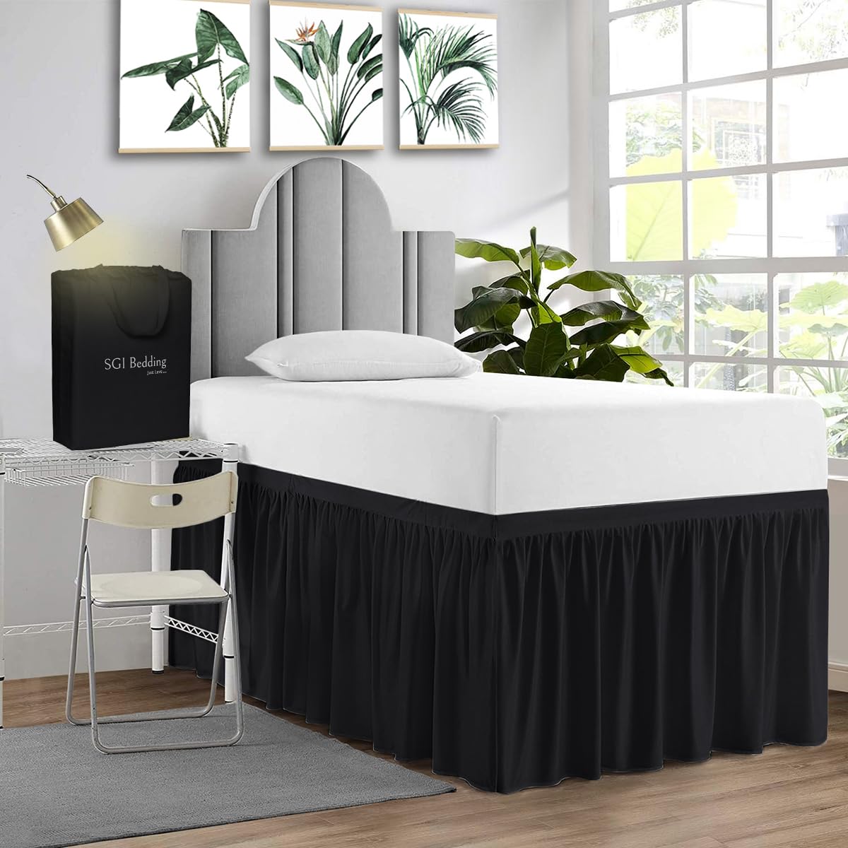 Sgi Bedding Dorm Bed Skirt Full Xl 36 Inch Drop Length - Black, Ruffled Pattern College Dorm Room Bed Skirts - Split Corner, Eas