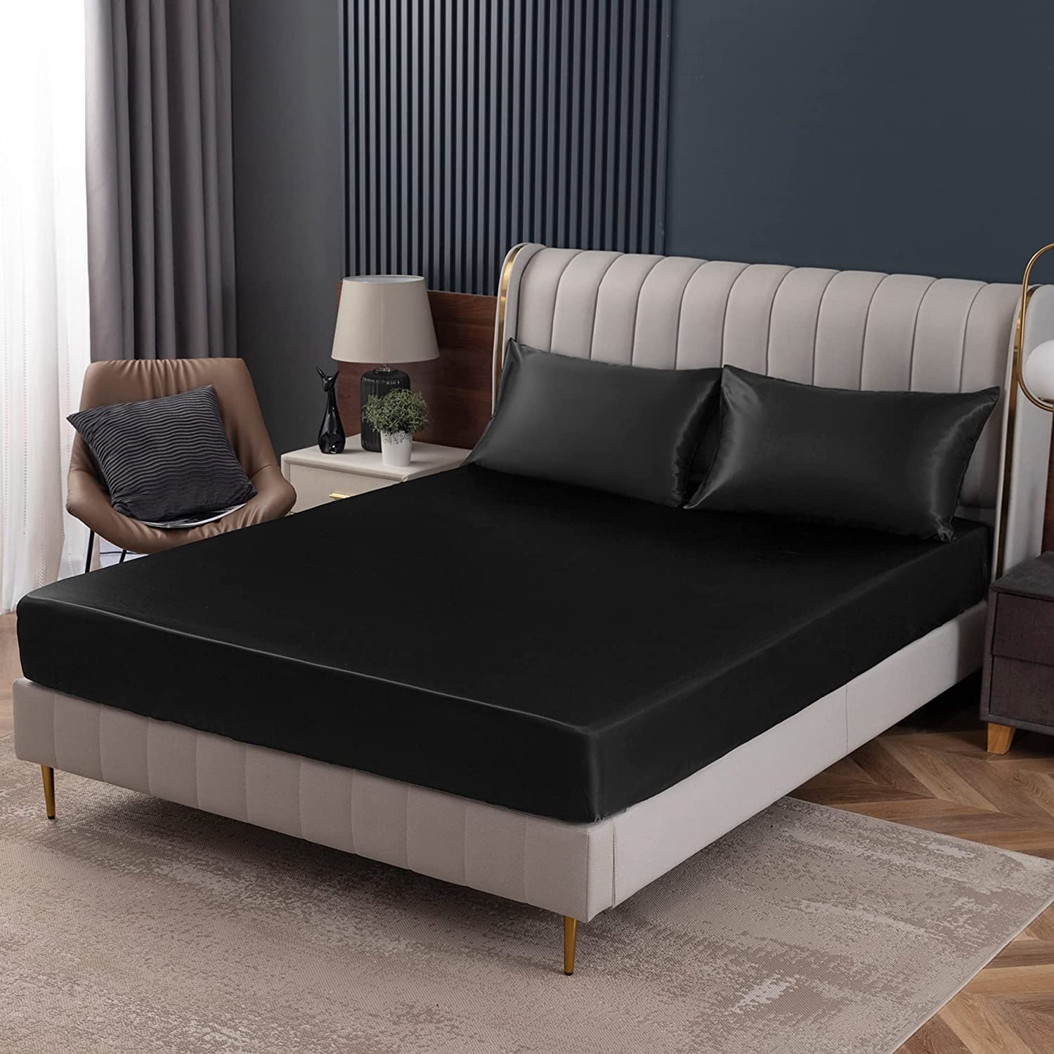 Homiest Black Satin Fitted Sheet Twin Xl Size Fitted Bed Sheet, Deep Pocket Fitted Sheet Only, Luxury & Ultra Soft Bedding Fitted Sheet Single Bottom Bed Sheets Sold Separately