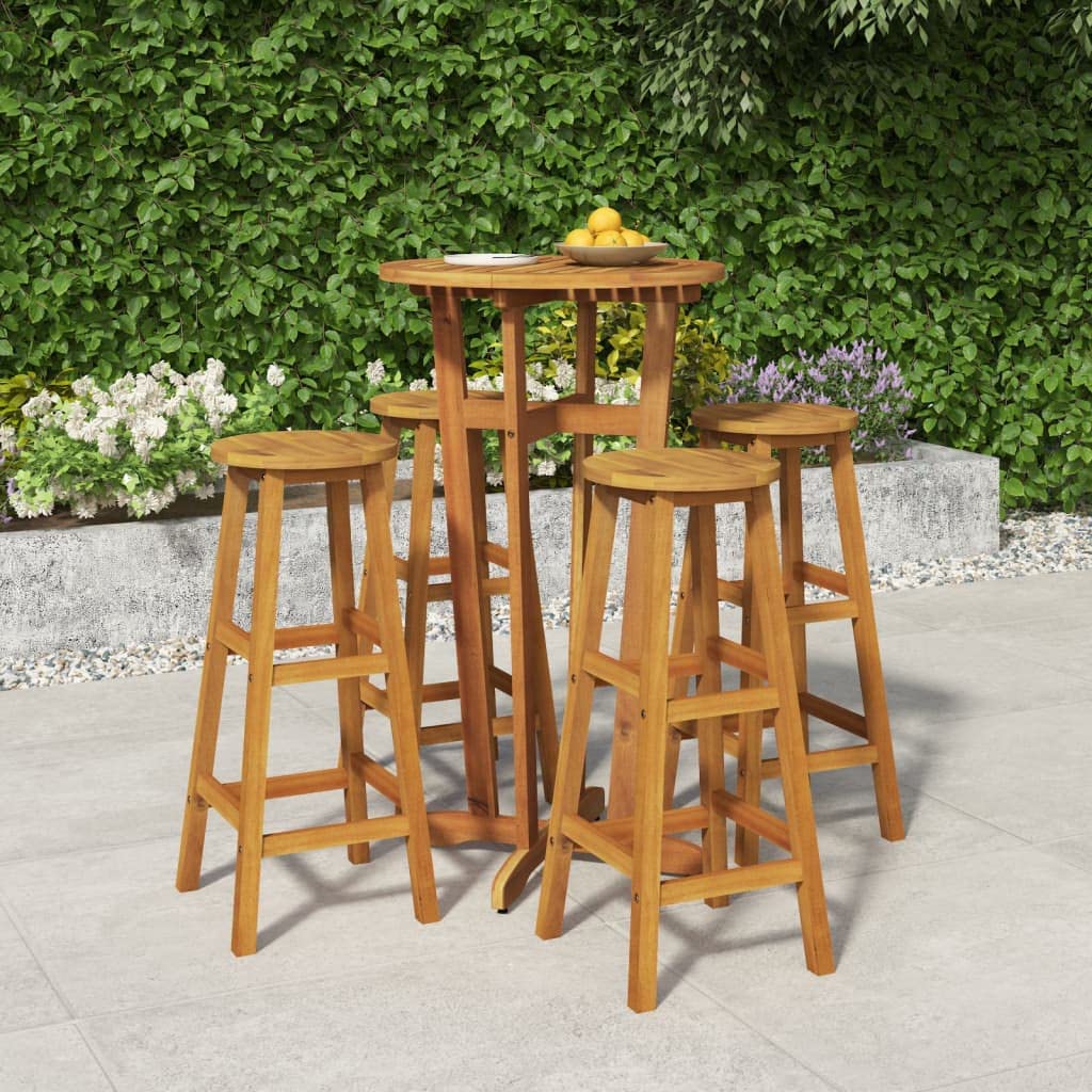 vidaXL Patio Bar Set 5 Piece, Outdoor Hightop Table and Chairs, Counter Height Desk, Pub Table Set for Porch Backyard, Farmhouse, Solid Acacia Wood Brown
