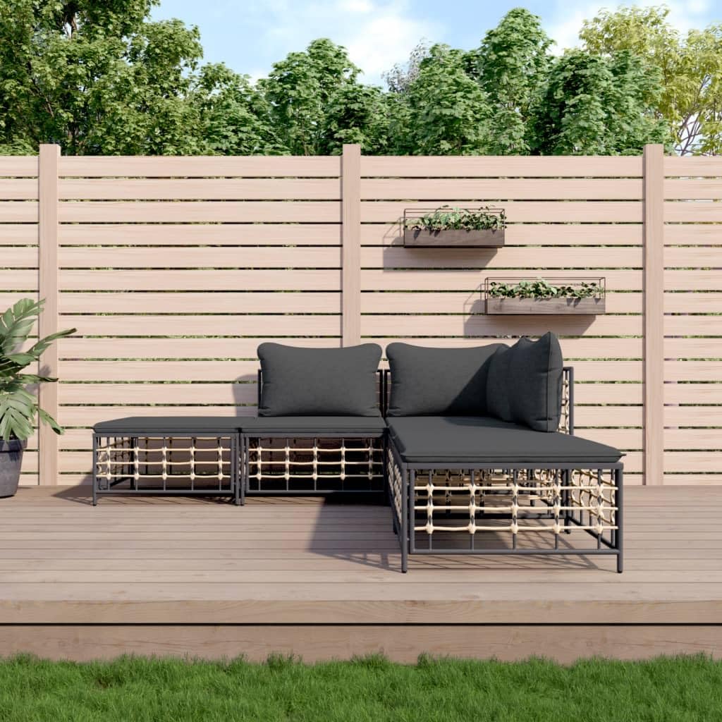 vidaXL 4-Piece Outdoor Patio Lounge Set in Anthracite - Modular Sofas with Thick Cushions, Durable Poly Rattan Frame for Garden/Terrace