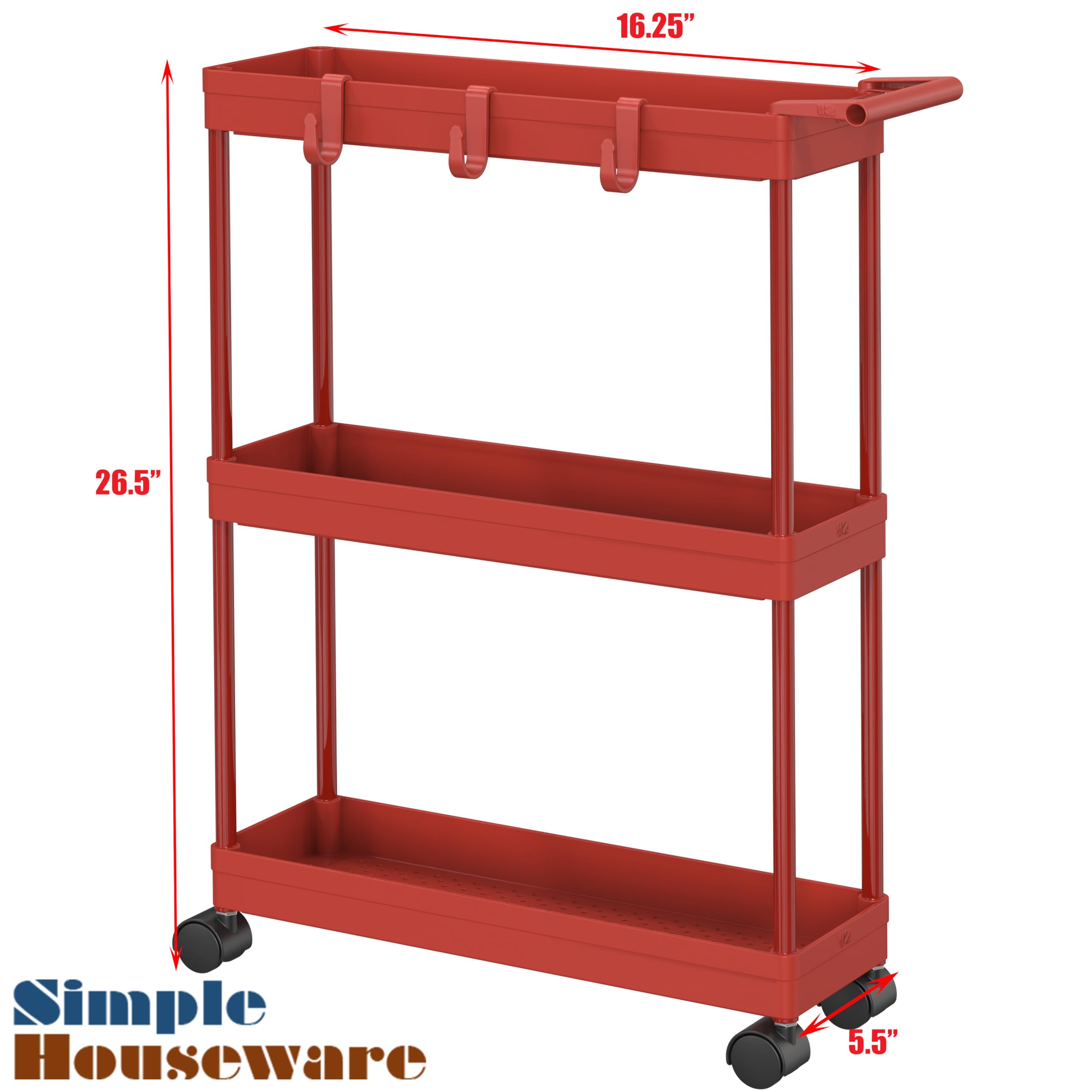 Simplehouseware Kitchen Cart Storage 3-Tier Slim/Super Narrow Shelves With Handle, 26.5'' Height/5.5'' Width For Narrow Place, Red