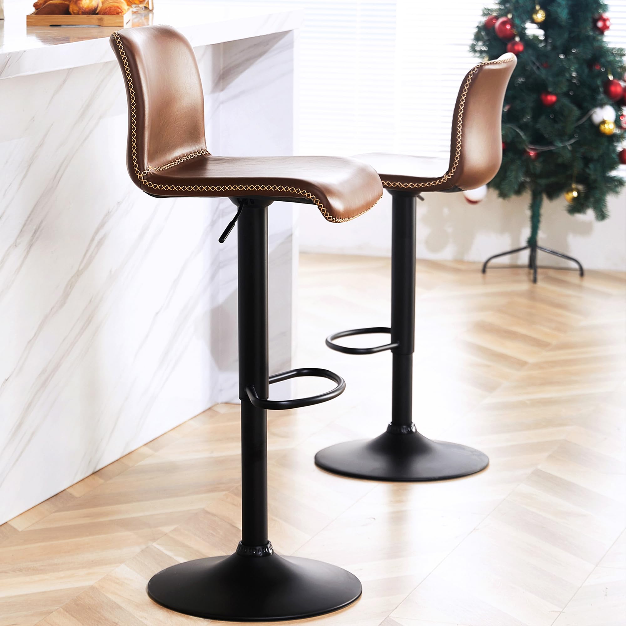HeuGah Swivel Bar Stools Set of 2, Counter Height Bar Stools with Back, Adjustable Bar Stools 24 to 32, Brown Faux Leather Bar S