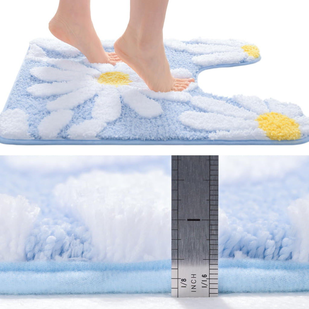 Qjhomo Toilet Rugs U Shaped, Blue Toilet Mat Cute Daisy Contour Bath Rug 20''X20'', Extra Thick Soft Machine Washable Toilet Car