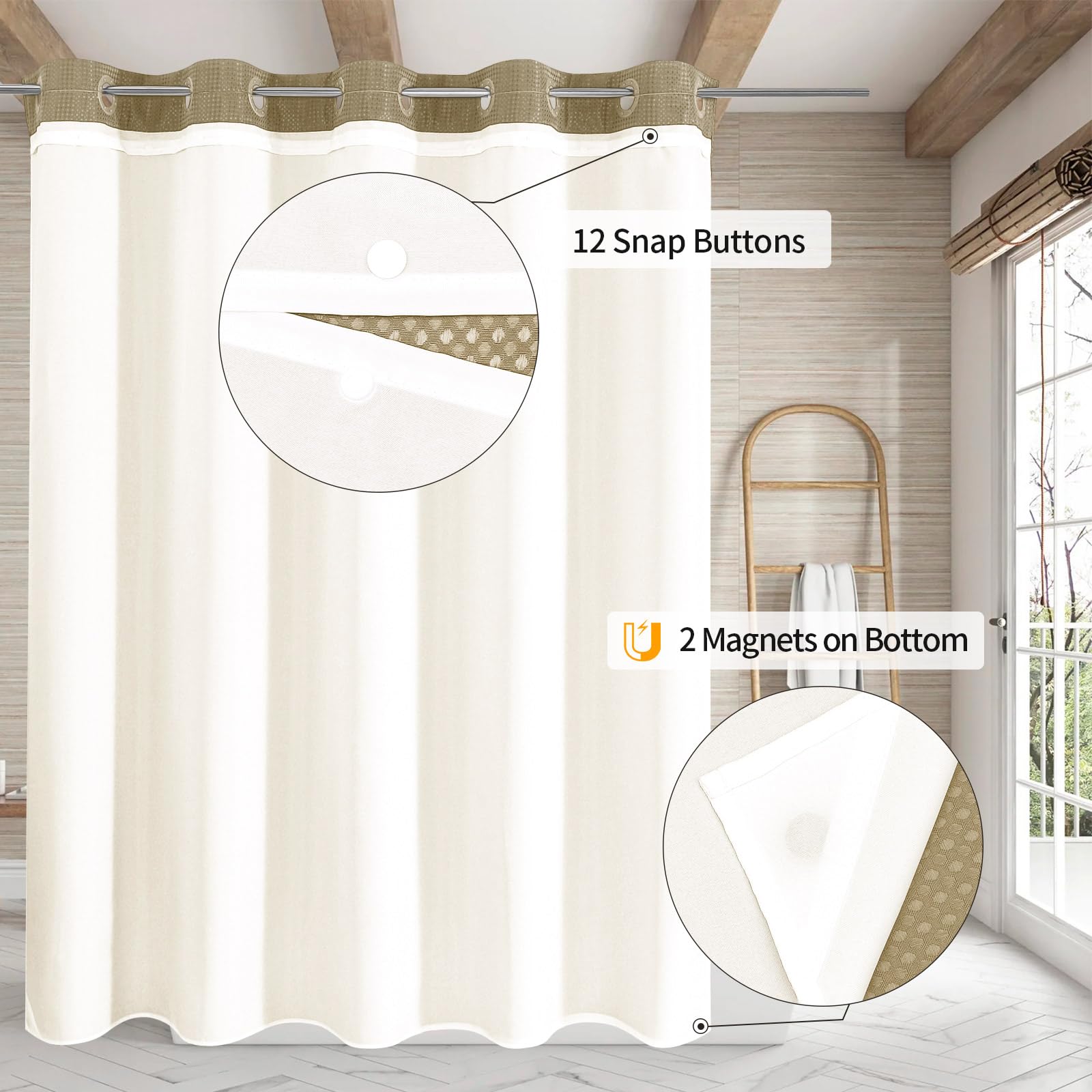 Mitovilla No Hooks Needed Beige Waffle Shower Curtain With Snap-In Liner, Modern Waffle Weave Heavy Duty Fabric Cloth Shower Cur
