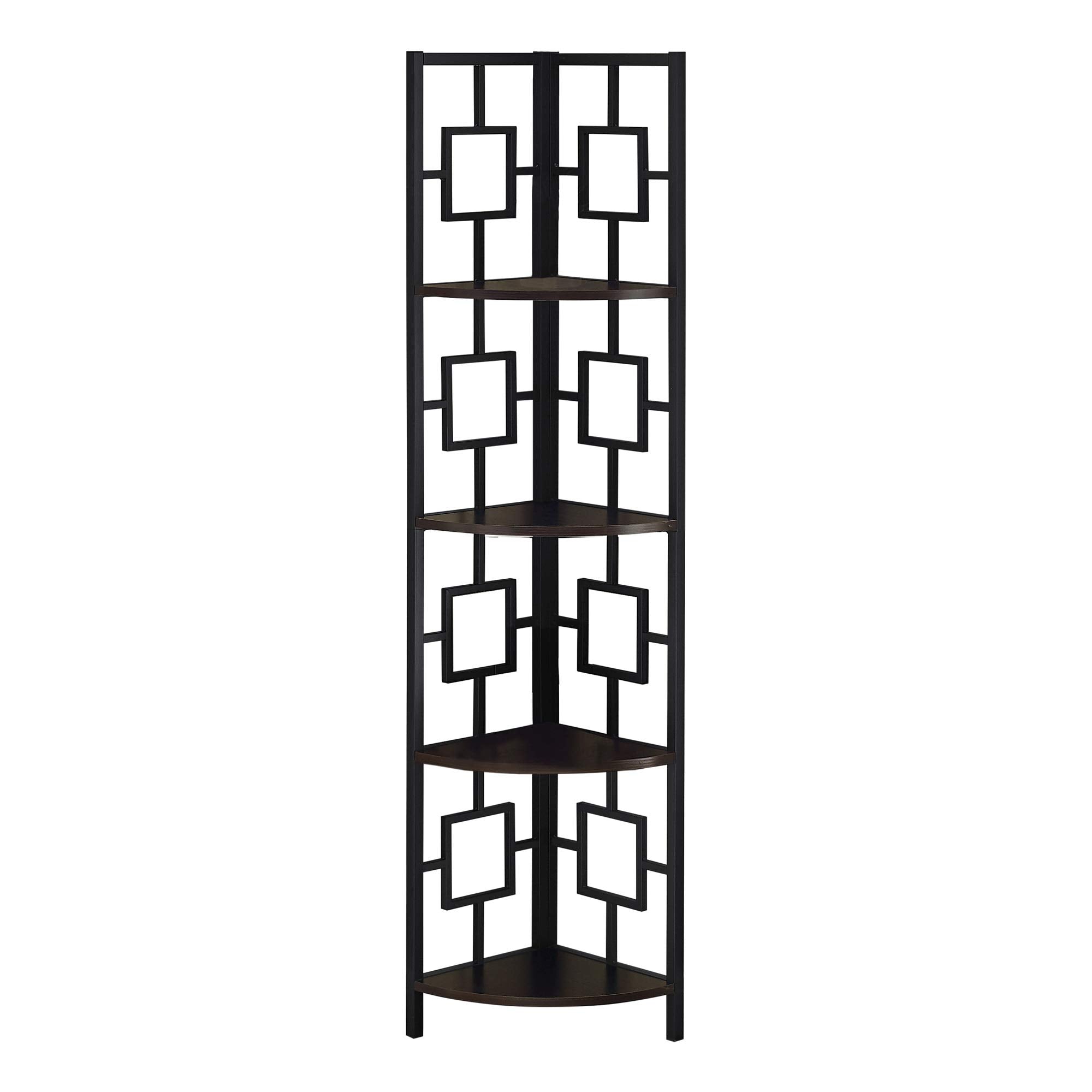 HomeRoots 62&quot; Bookcase Espressoandblack Metal Corner Etagere with 4 Shelves