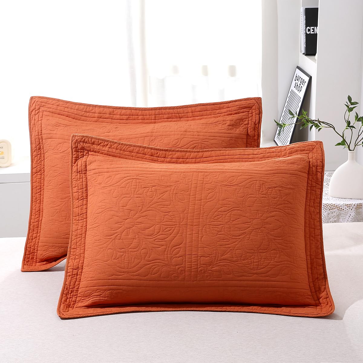 Winlife 100% Cotton Quilted Pillow Sham Floral Printed Pillow Cover (King, Burnt Orange)