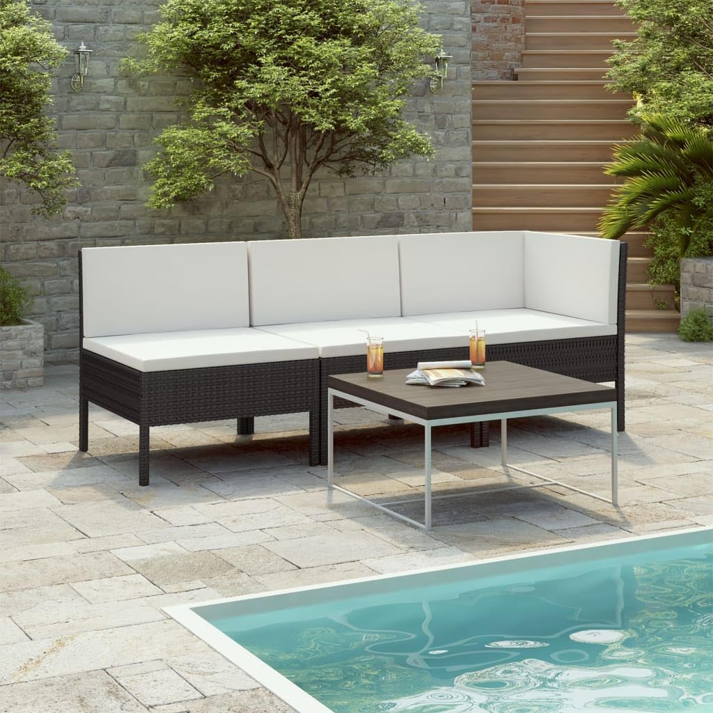 vidaXL Black Poly Rattan Outdoor Lounge Set of 3: Weather-Resistant Patio Furniture with Cushions - Modular Design for Versatile Placement.