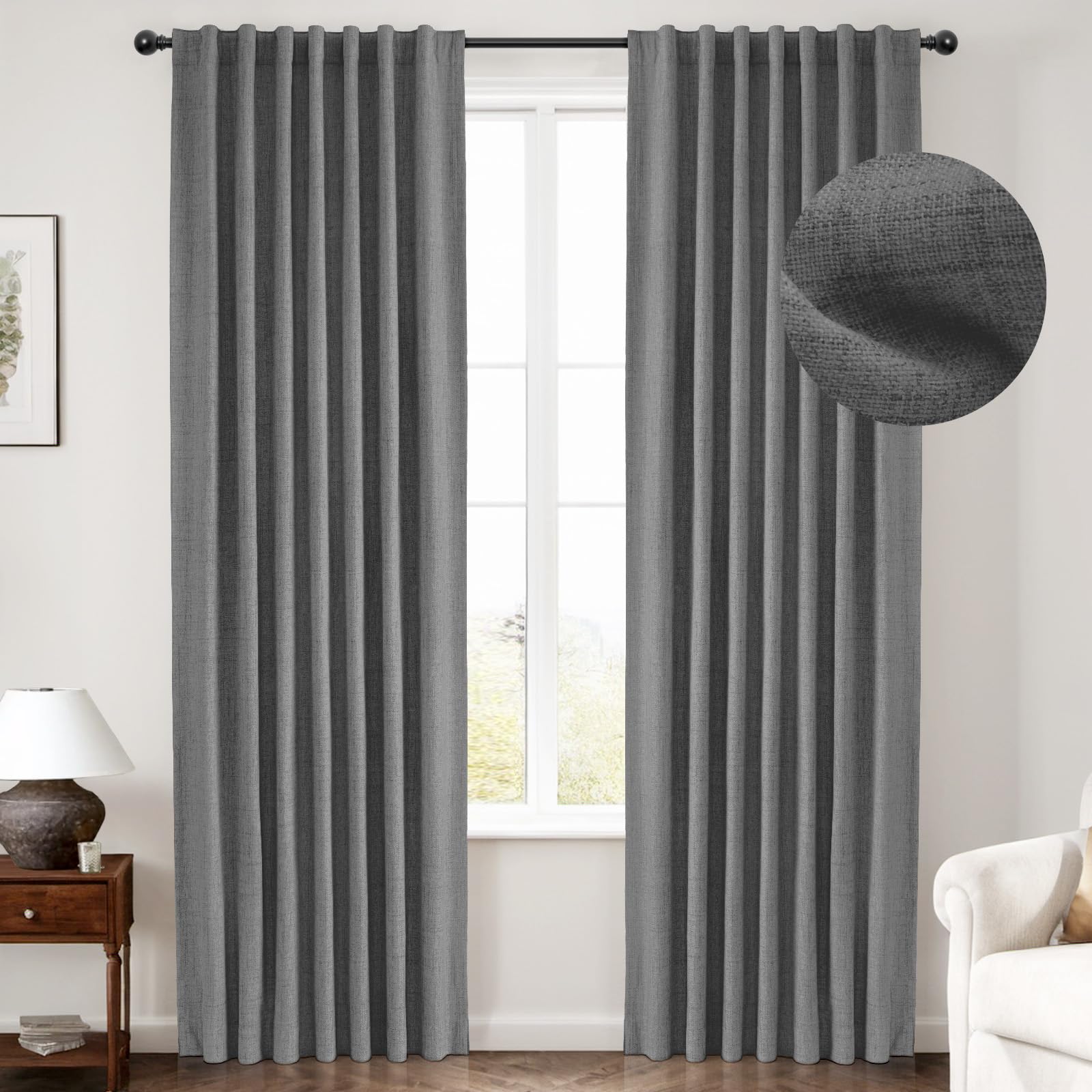 INOVADAY 100% Blackout Curtains for Bedroom, Thermal Insulated Linen Blackout Curtains 2 Panels Set, Back Tab/Rod Pocket Room Da