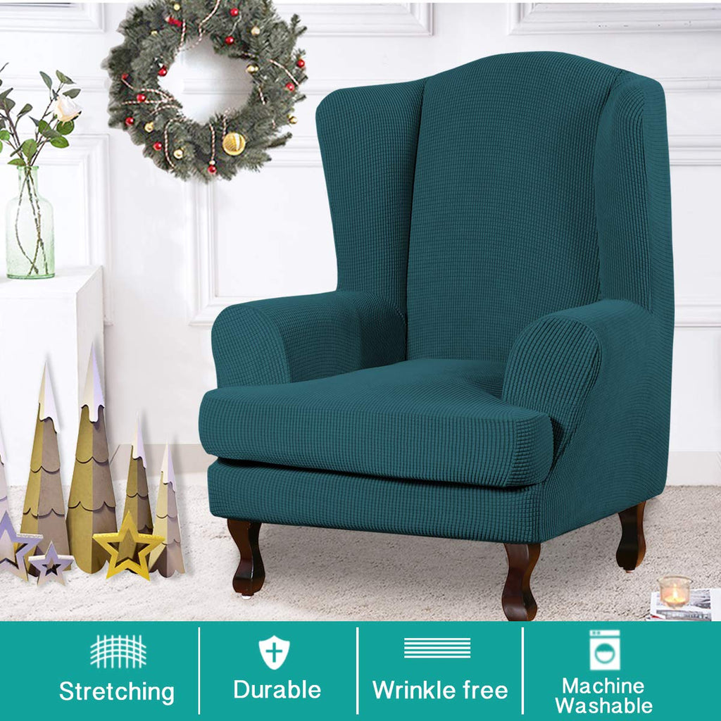 Turquoize Wingback?hair?overs 2 Piece?ing?hair?lipcover Stretch Slipcovers For Wingback Chairs Wing Chair Cover Spandex Jacquard Fabric With Elastic Bottom Non-Slip Furniture Cover, Deep Teal