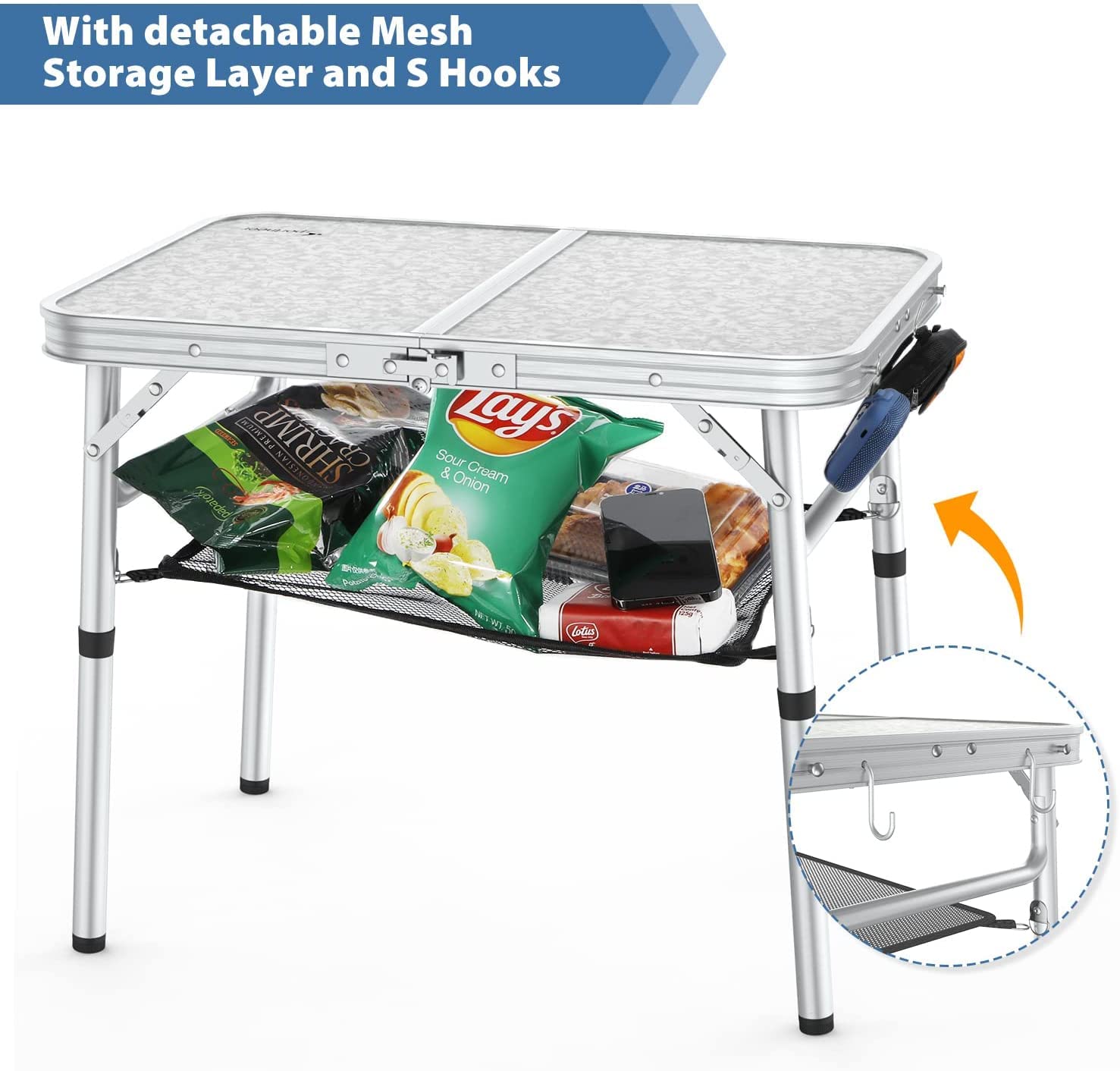 Sportneer Camping Table, 23.6' L X 15.7' W Adjustable Height Small Folding Table With Mesh Layer Portable Camp Tables With Aluminum Legs For Outdoor Camp Picnic Beach Bbq Cooking (2 Height)