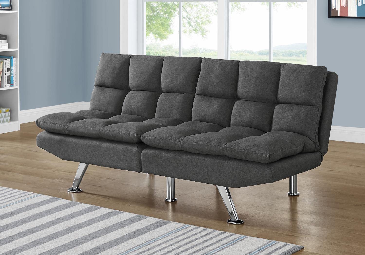 Monarch Specialties Armless Convertible Biscuit-Tufted Pillow Top-Multi-Position Split-Back Futon Sofas, 70' L, Dark Grey Linen-Look