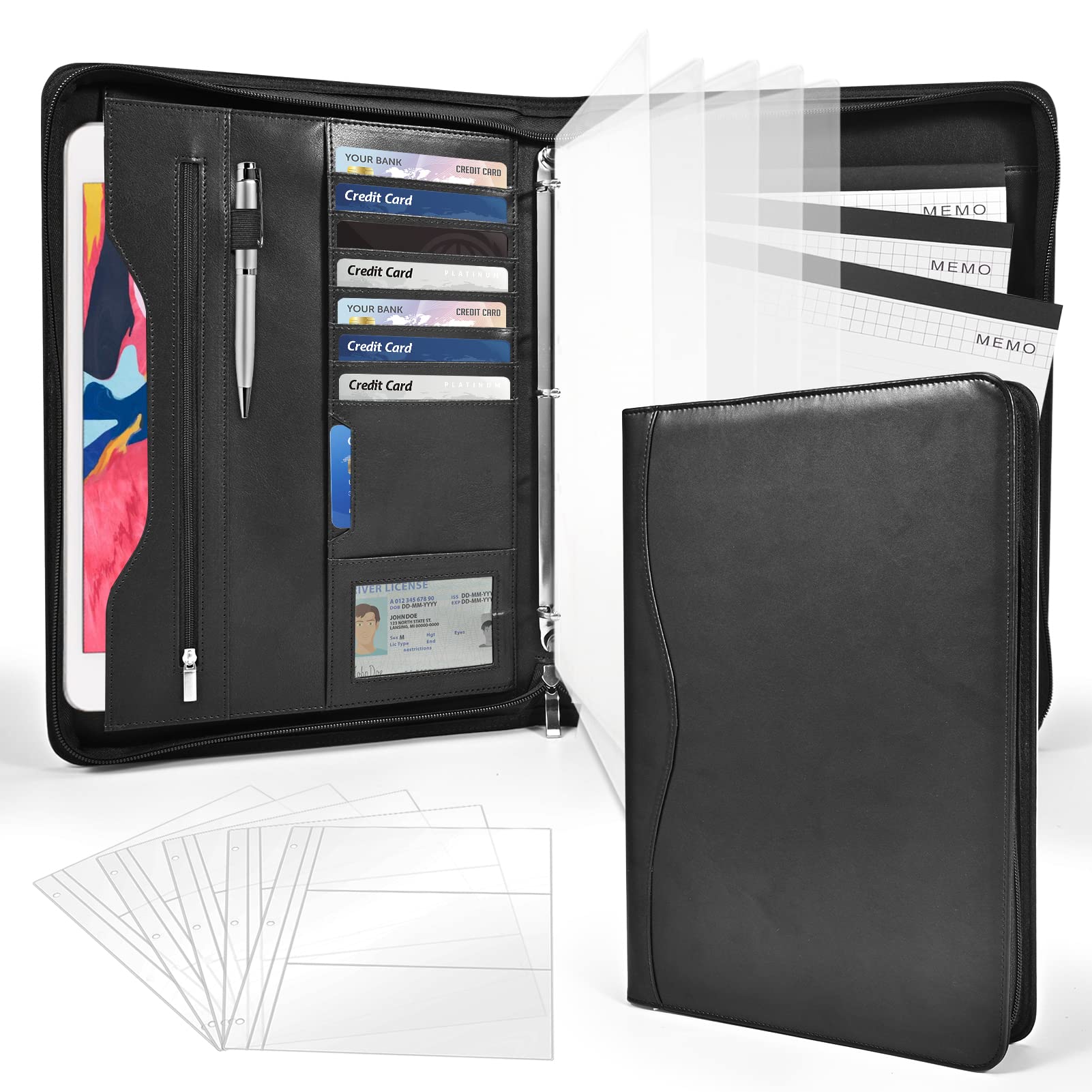 Sbrinnaliao 3-Ring Padfolio Portfolio Binder Organizer,Pu Leather Folder Binder Business Planner Notebook Zippered Portfolio For
