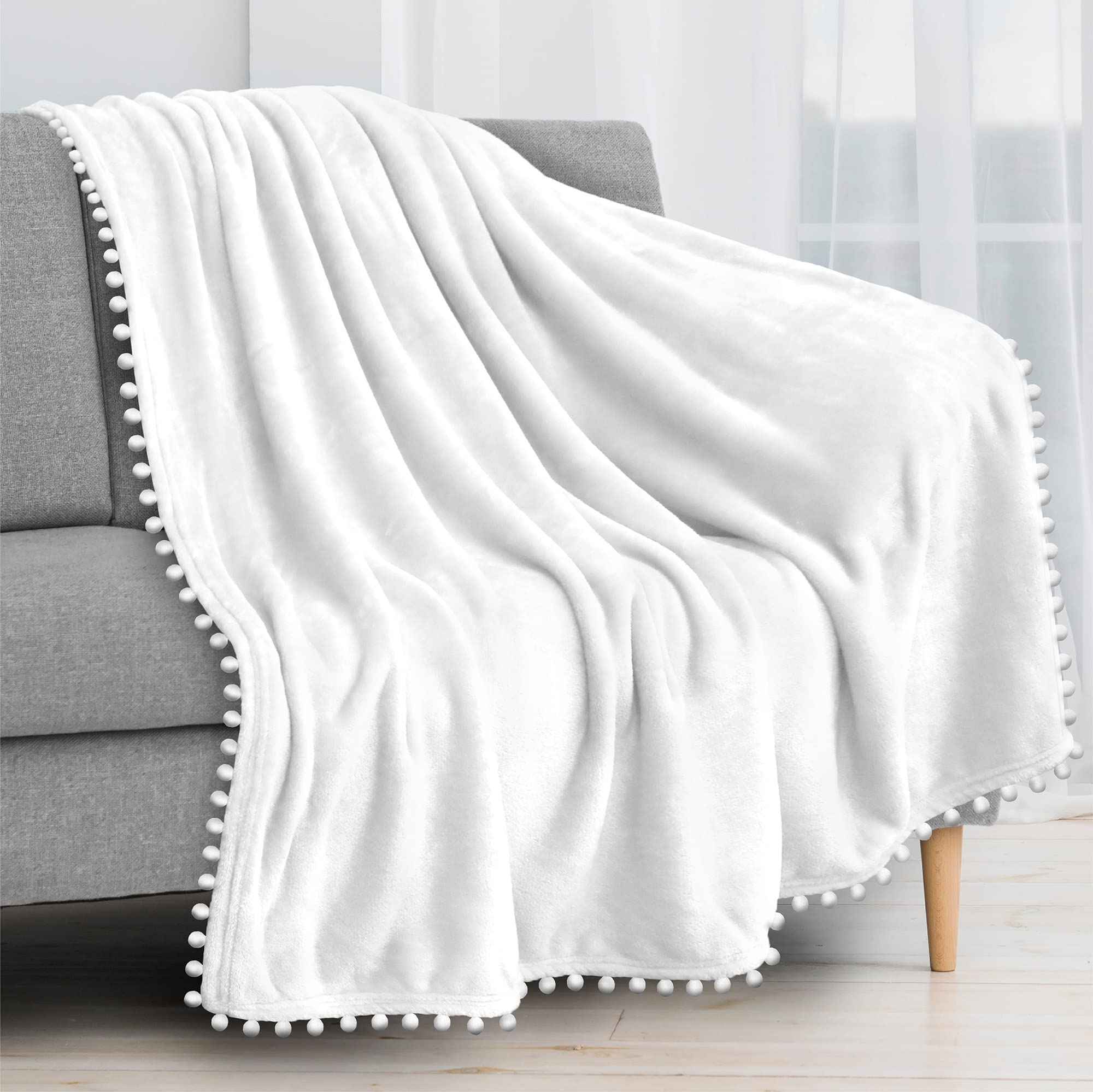 Pavilia Pom Pom Blanket Throw, Pure White | Soft Fleece Pompom Fringe Blanket For Couch Bed Sofa | Decorative Cozy Plush Warm Fl