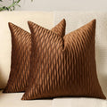 Dezene Light Brown Throw Pillow Cases: 2 Pack 16X16 Inch Original Stripe Velvet Square Decorative Pillow Covers For Farmhouse Co