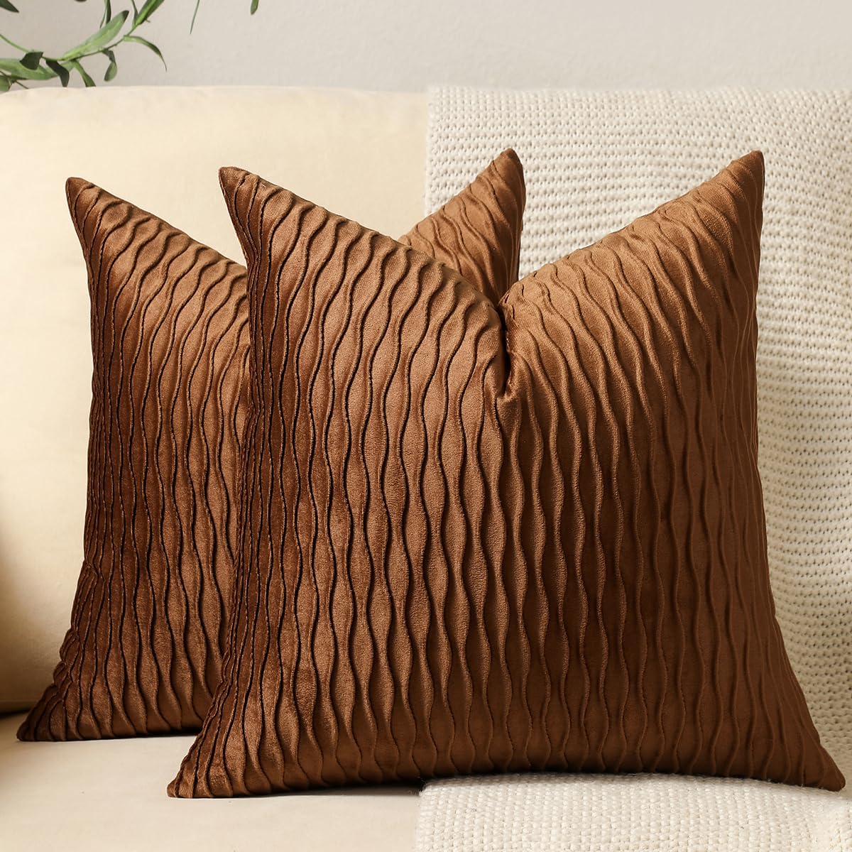 Dezene Light Brown Throw Pillow Cases: 2 Pack 16X16 Inch Original Stripe Velvet Square Decorative Pillow Covers For Farmhouse Co