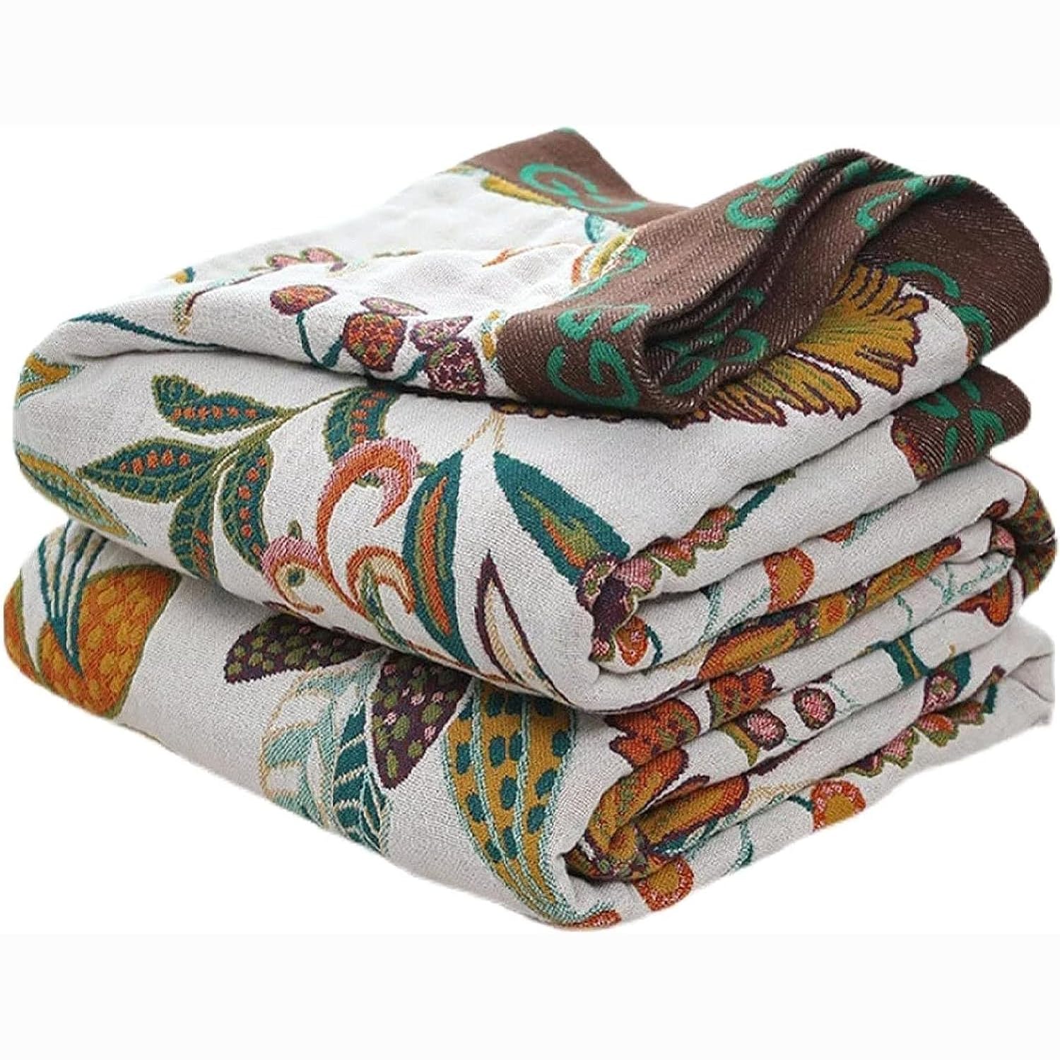 Vanjoroy Boho Large Throw Blanket, 100% Organic Cotton Soft Sofa Bed Throw-Floral Farmhouse Decor Blanket, Reversible Bohemian T
