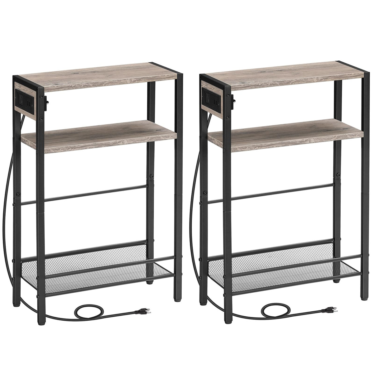 Hoobro Small Narrow Side Table With Charging Station Set Of 2, Skinny End Table For Small Spaces, Slim Nightstand With Usb Ports Outlet, Sofa Beside Table With Storage Shelf Bg102Ubzp201