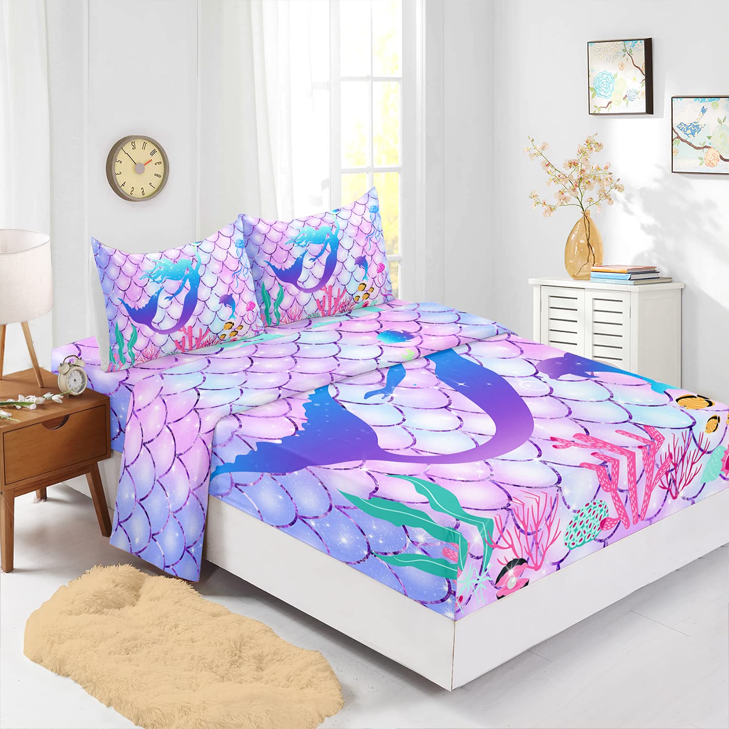 Cvhouse Mermaid Bed Sheets Sets Twin Size,Rainbow Mermaid Bedding Sets For Kids Teens,Ocean Mermaid Fitted Sheet Sets,1 Flat She