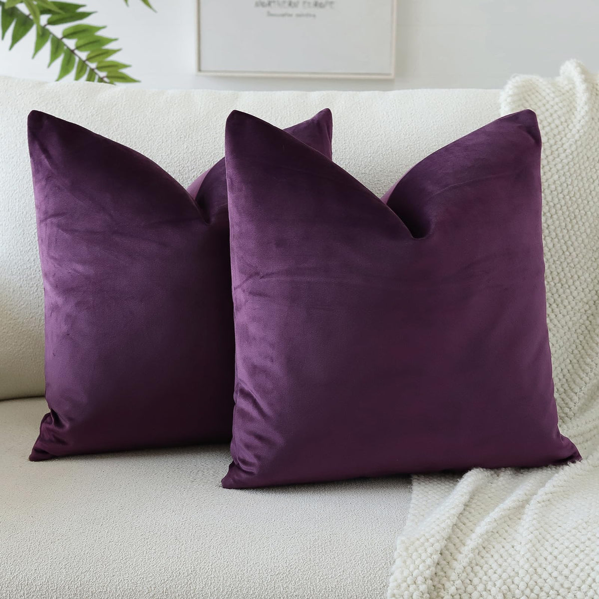 Otostar Decorative Throw Pillow Covers 16 X 16 Inch Soft Velvet Cushion Covers Solid Square Throw Pillow Cases For Couch Bed Home Sofa Car Decor Set Of 2 (Eggplant Purple)