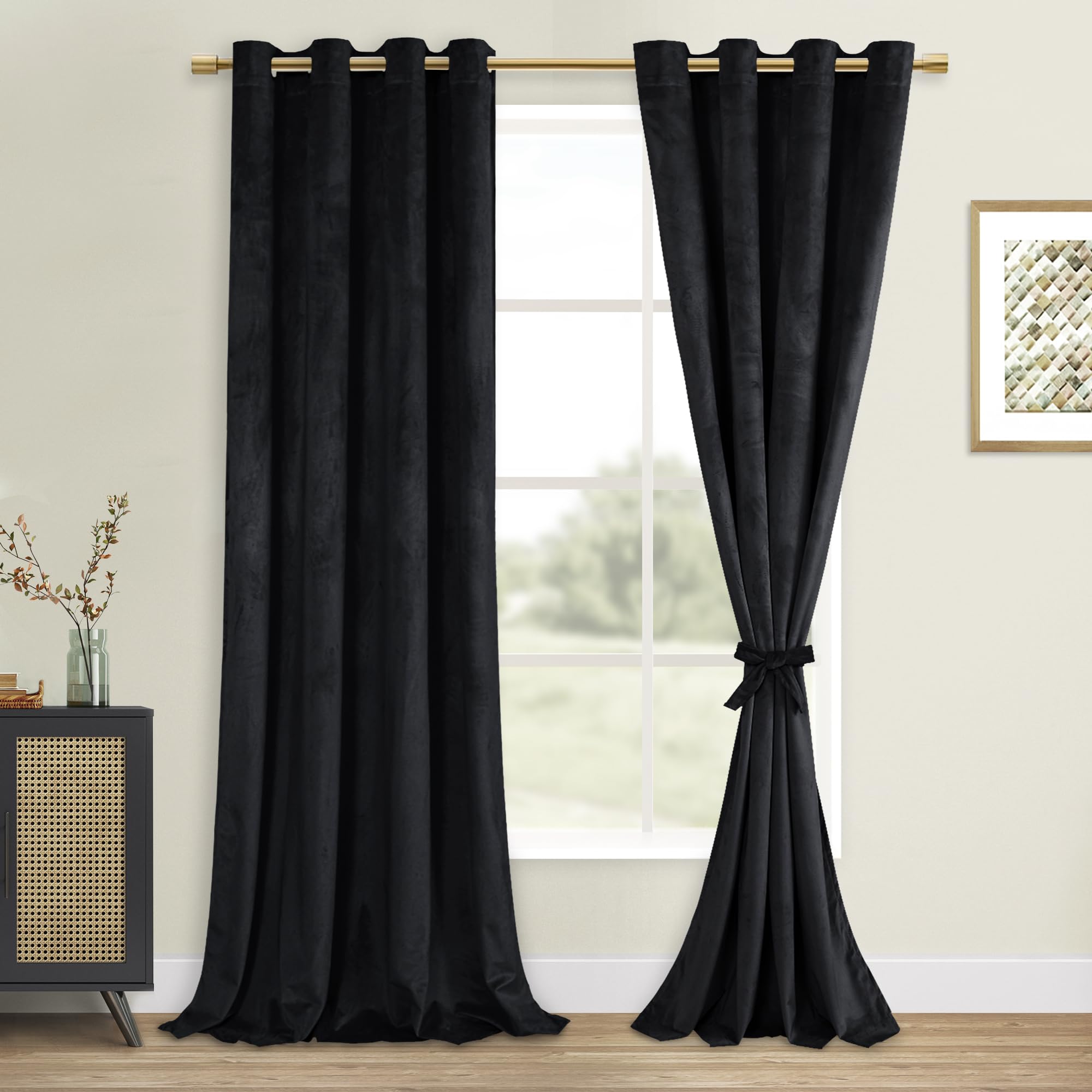 Dwcn Black Blackout Velvet Curtains - Extra Long Refresh Bundleable Heavy Duty Thermal Insulated Energy Efficiency Grommet Windo