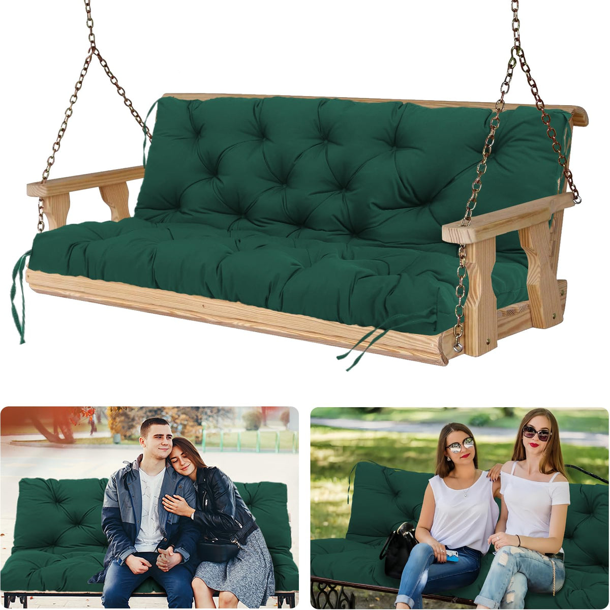 3 Seat Swing Cushion Replacement Waterproof Porch Swing Cushions With Backrest And Ties Thicken 5' Outdoor Swing Cushions For O